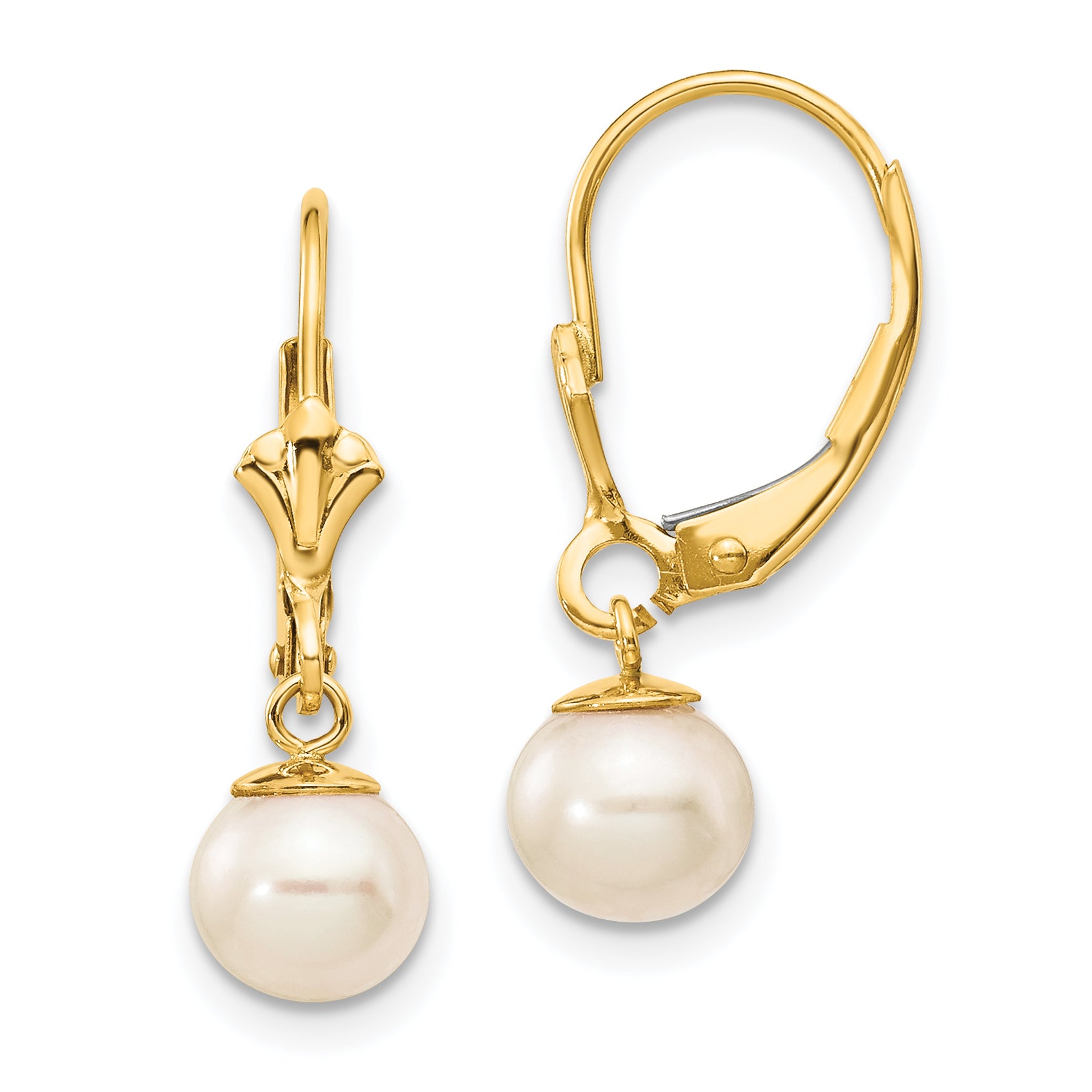 14k 6-7mm White Round Freshwater Cultured Pearl Dangle Leverback Earri