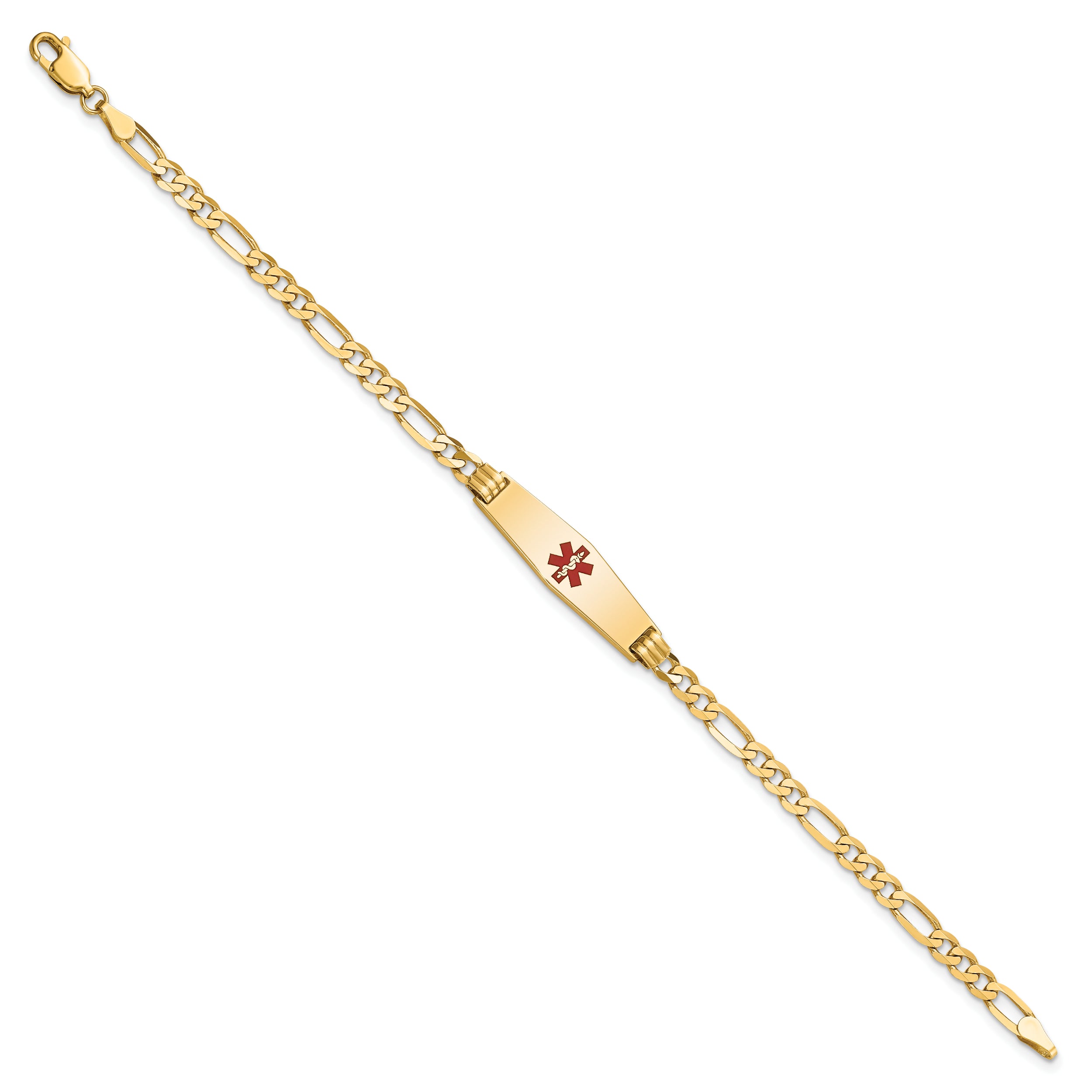 14K Medical Soft Diamond Shape Red Enamel Figaro Id Bracelet