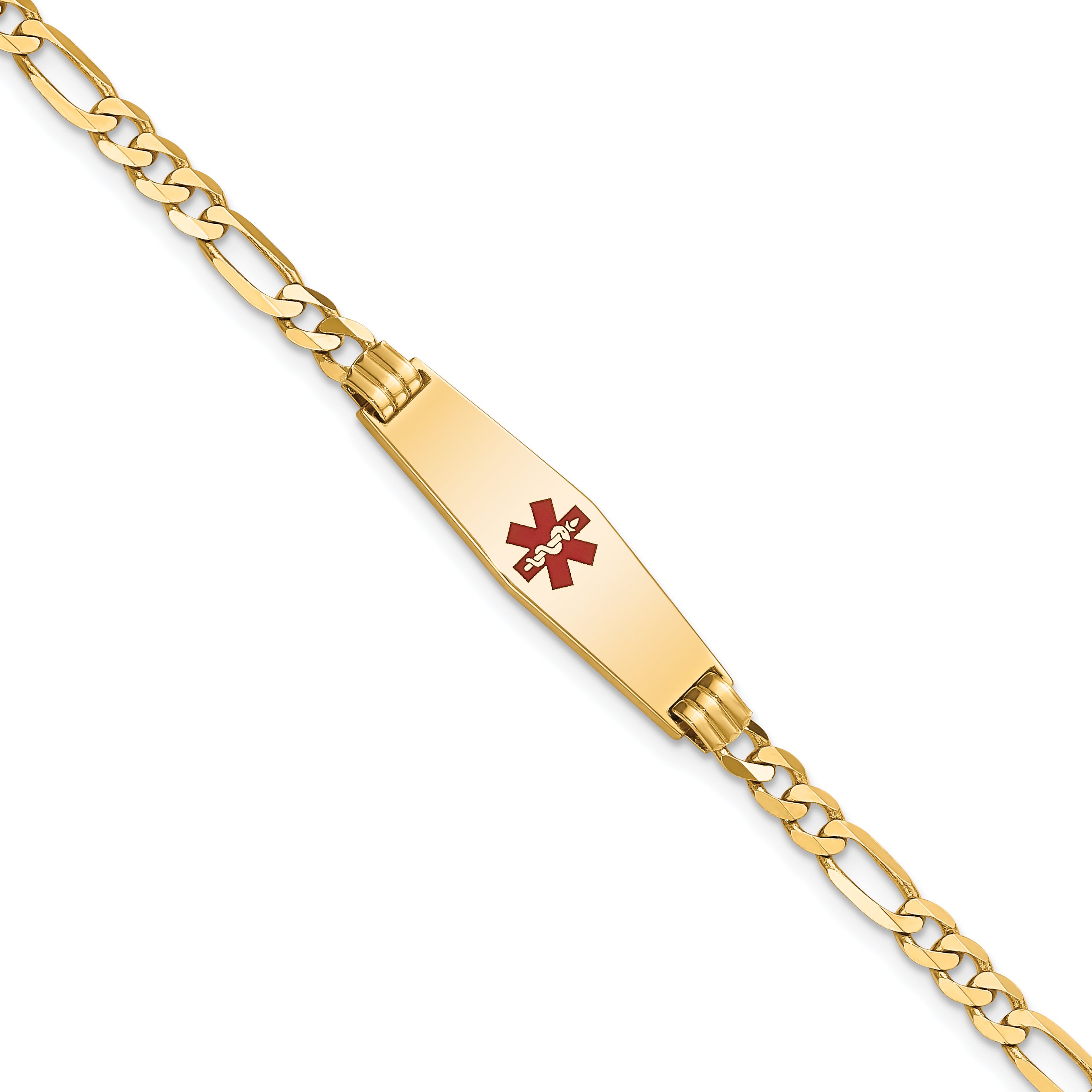14K Medical Soft Diamond Shape Red Enamel Figaro Id Bracelet