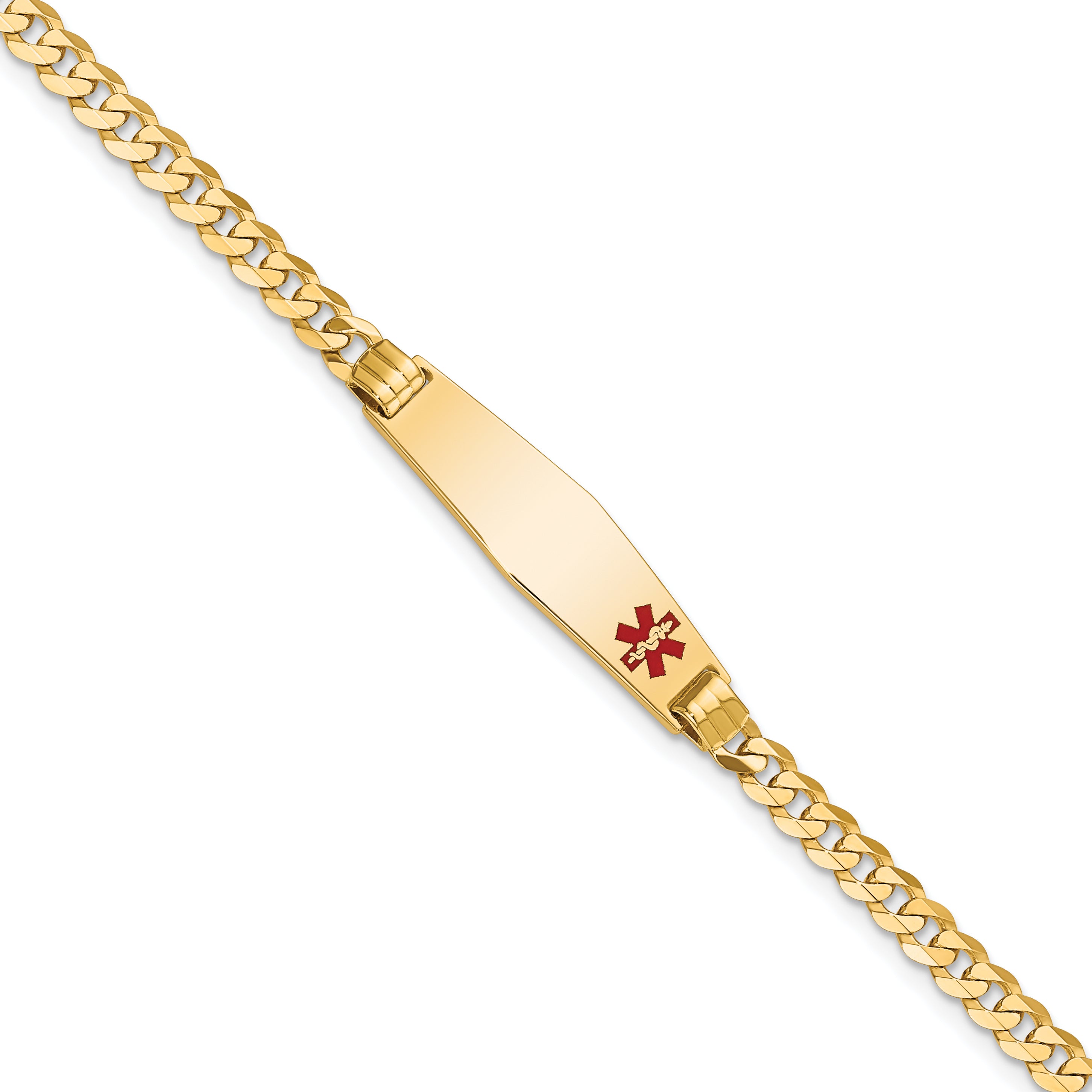 14K Medical Soft Diamond Shape Red Enamel Curb Link Id Bracelet