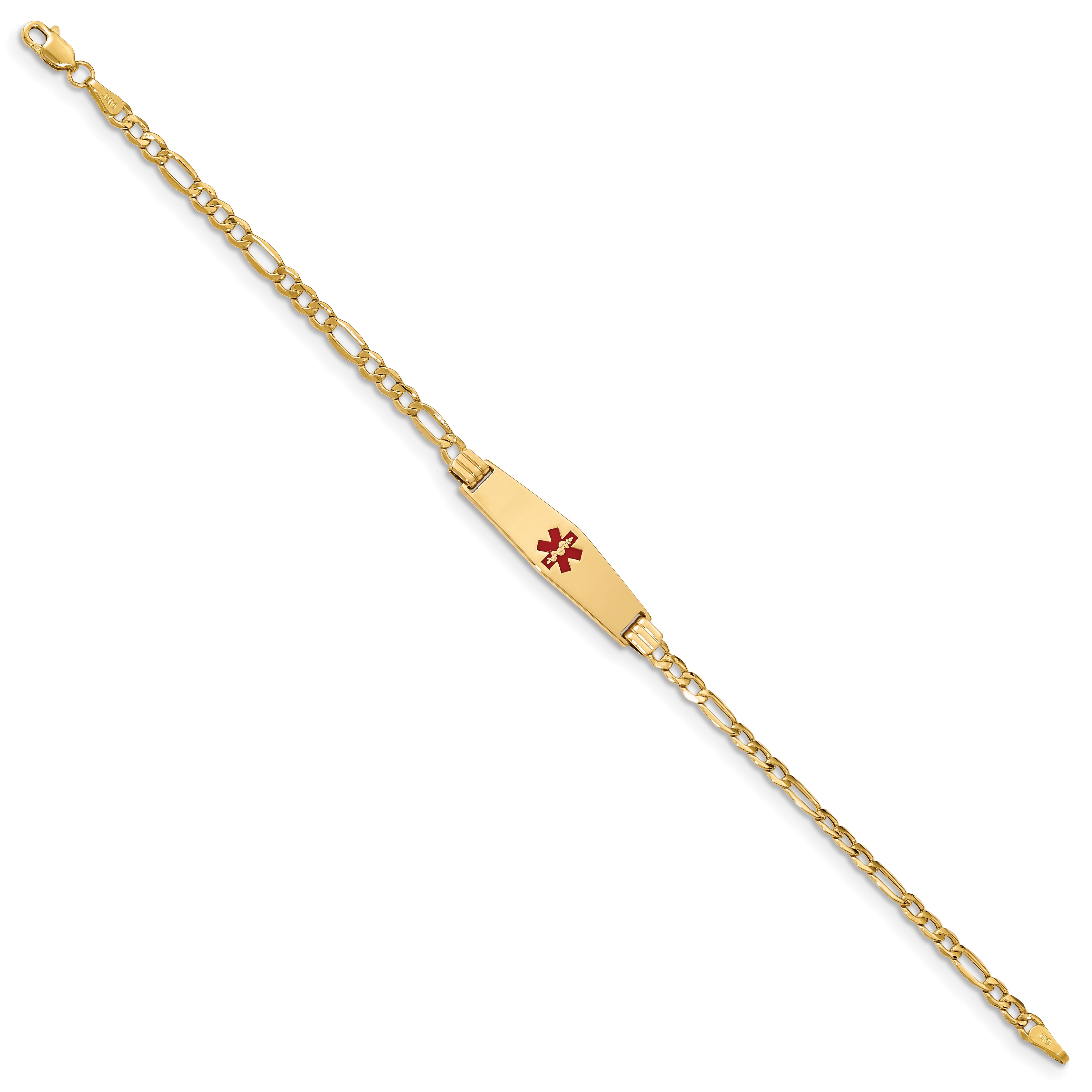 14K Medical Semi-Solid Soft Diamond Shape Red Enamel Figaro Id Bracelet