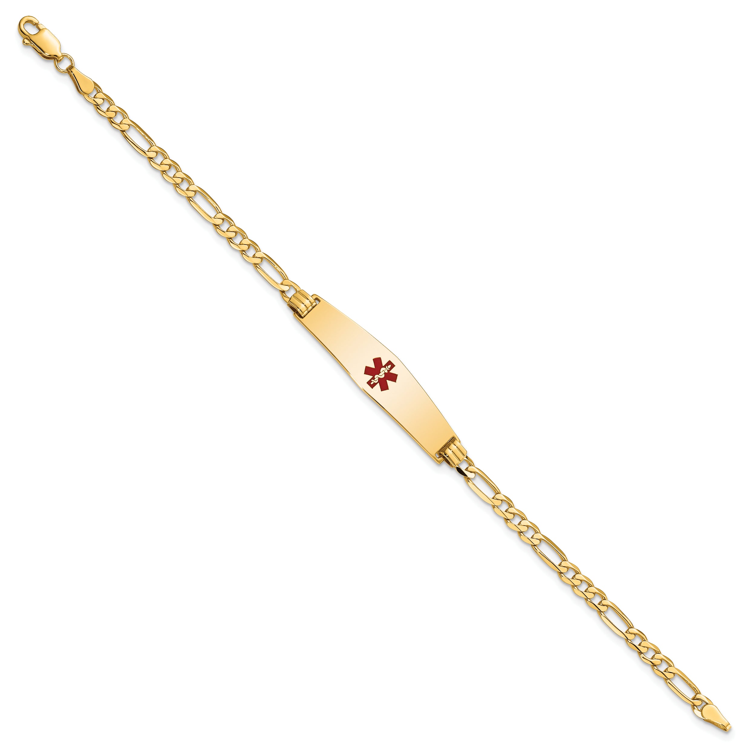 14K Medical Soft Diamond Shape Red Enamel Flat Figaro Link Id Bracelet