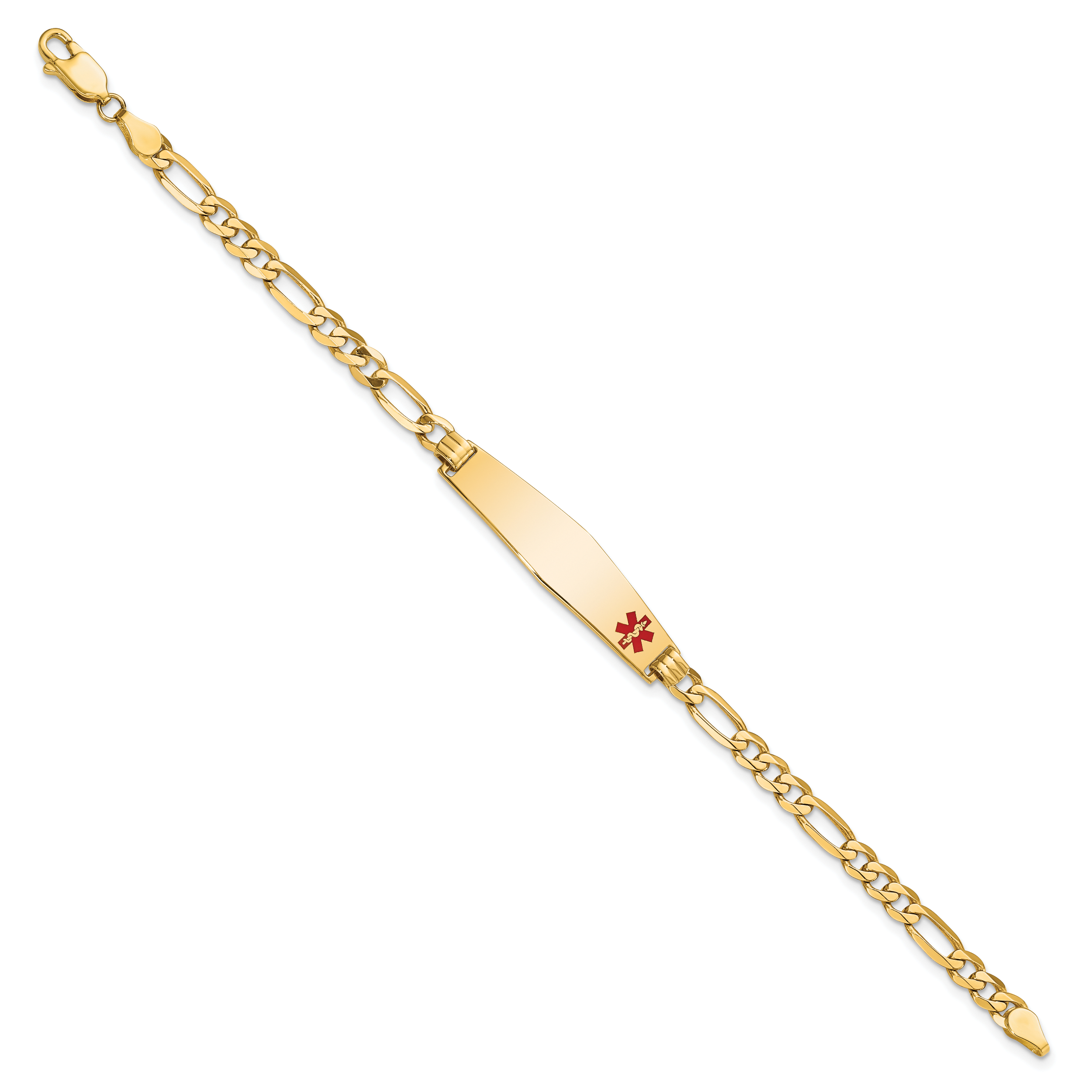14K Medical Soft Diamond Shape Red Enamel Flat Figaro Link Id Bracelet