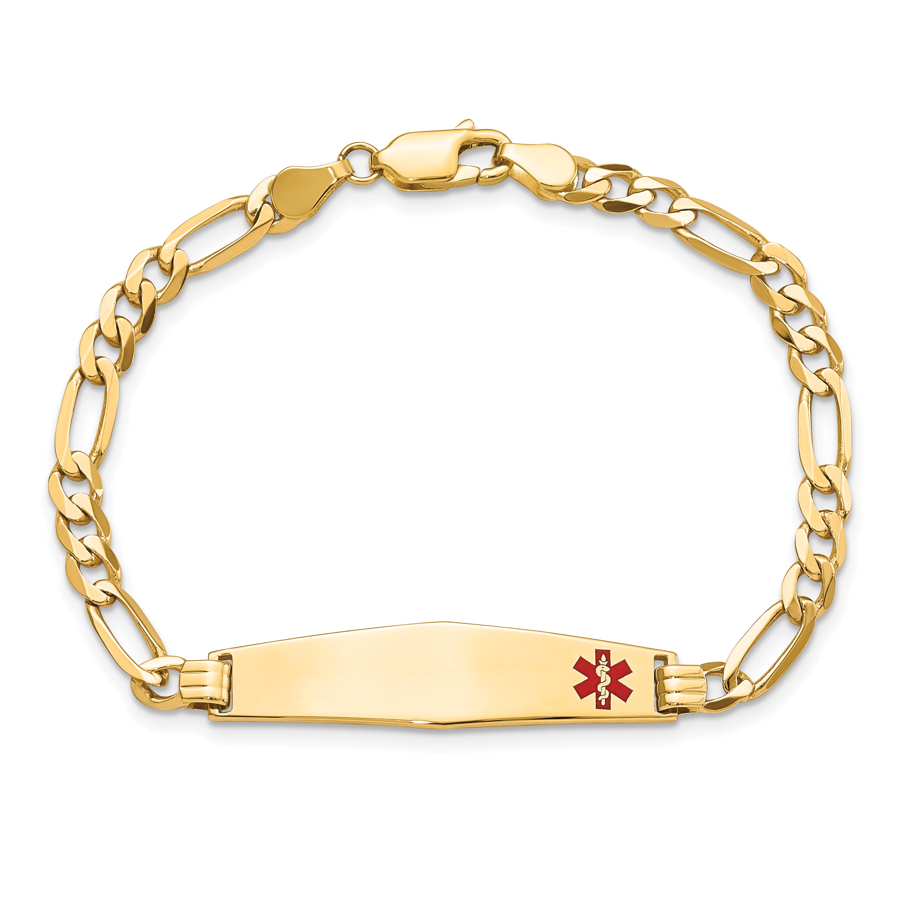 14K Medical Soft Diamond Shape Red Enamel Flat Figaro Link Id Bracelet