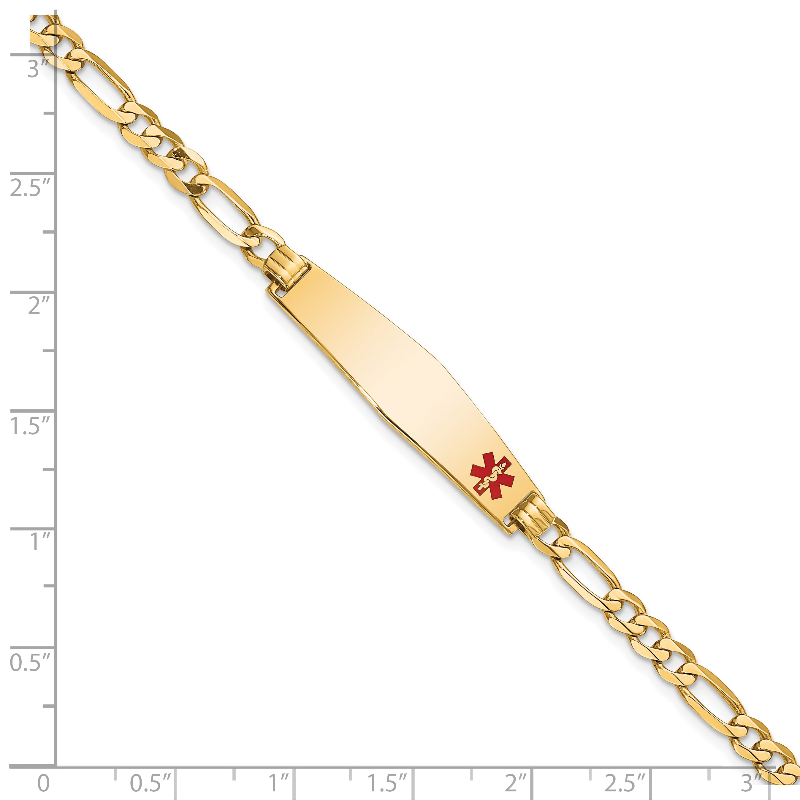14K Medical Soft Diamond Shape Red Enamel Flat Figaro Link Id Bracelet