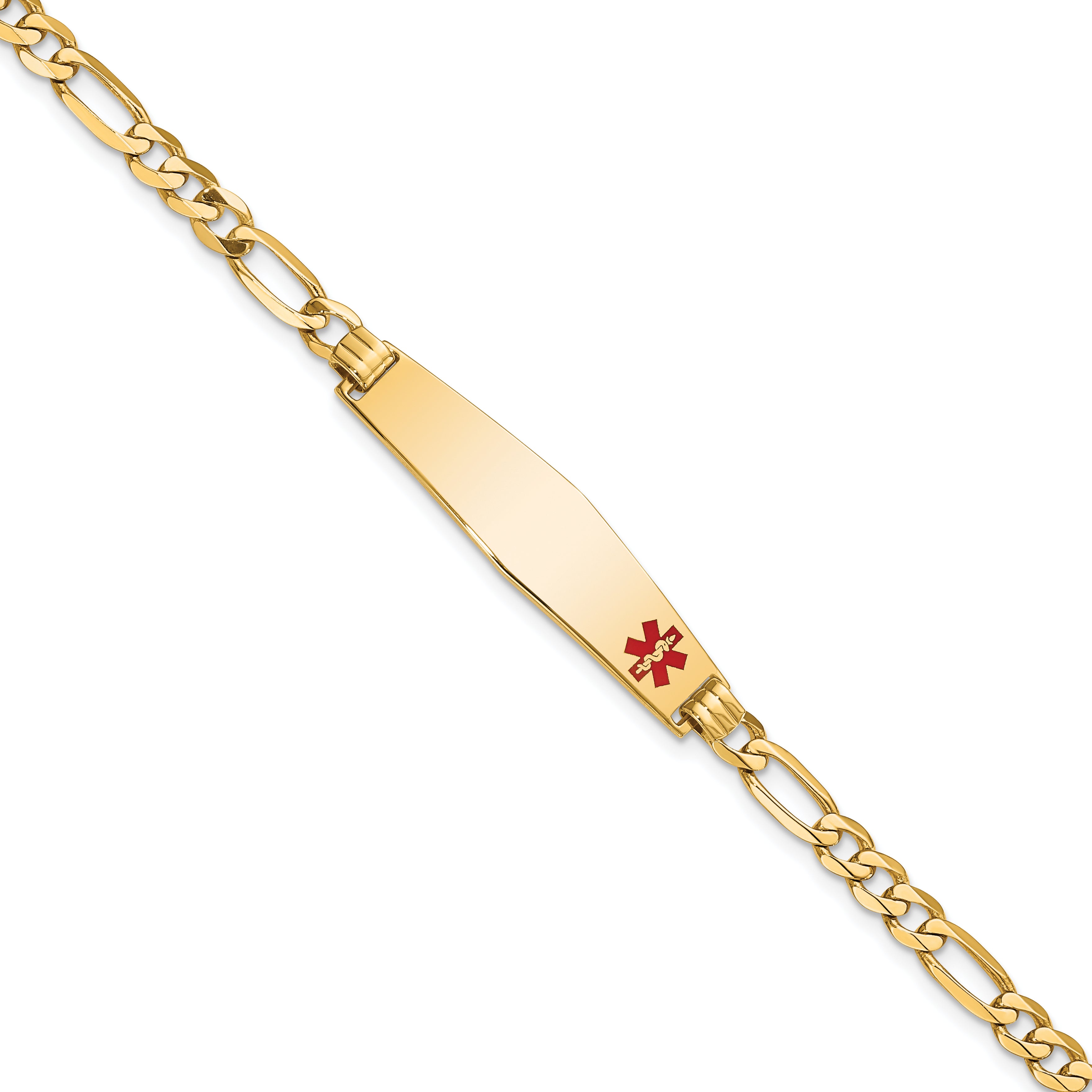14K Medical Soft Diamond Shape Red Enamel Flat Figaro Link Id Bracelet