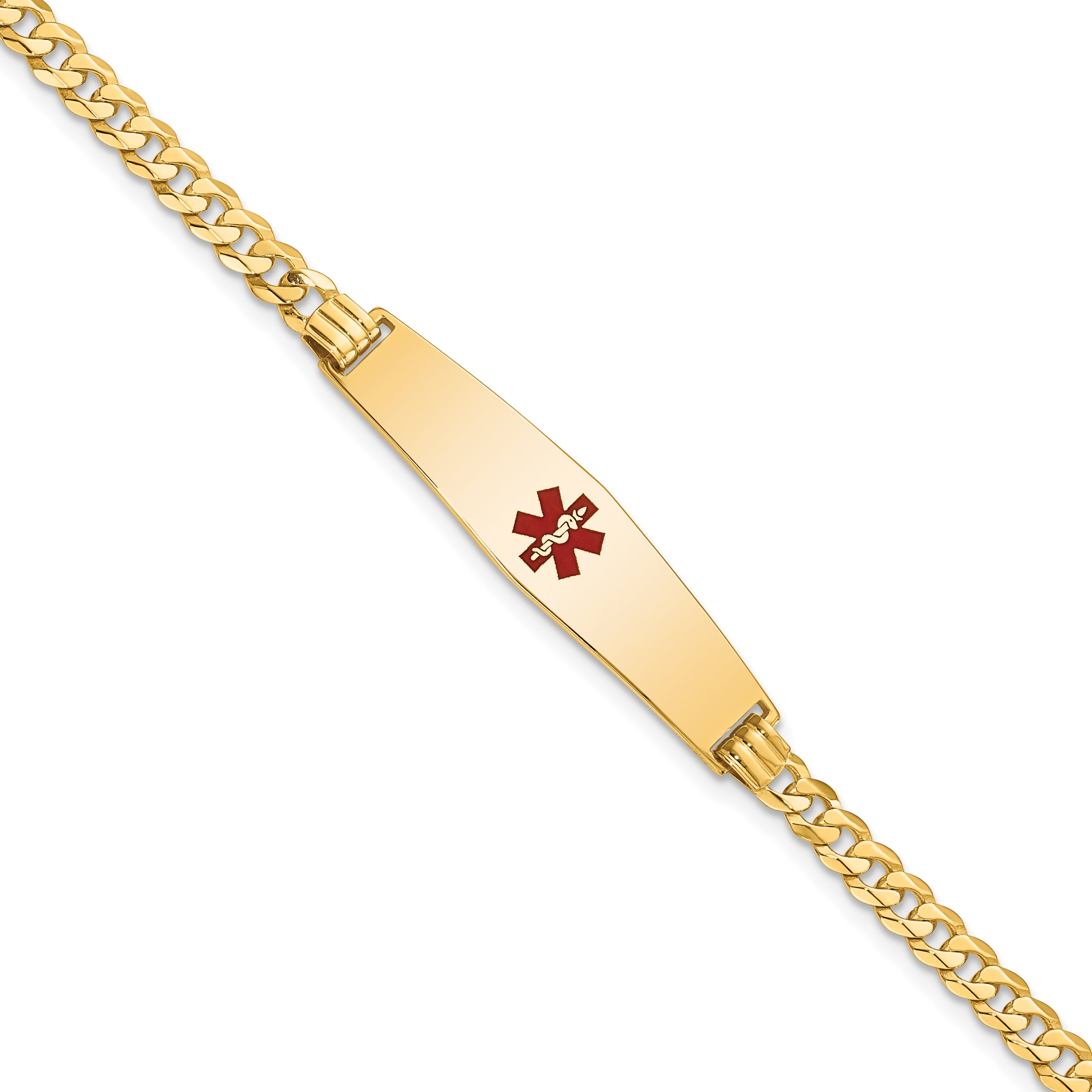 14K Medical Soft Diamond Shape Red Enamel Flat Curb Link Id Bracelet