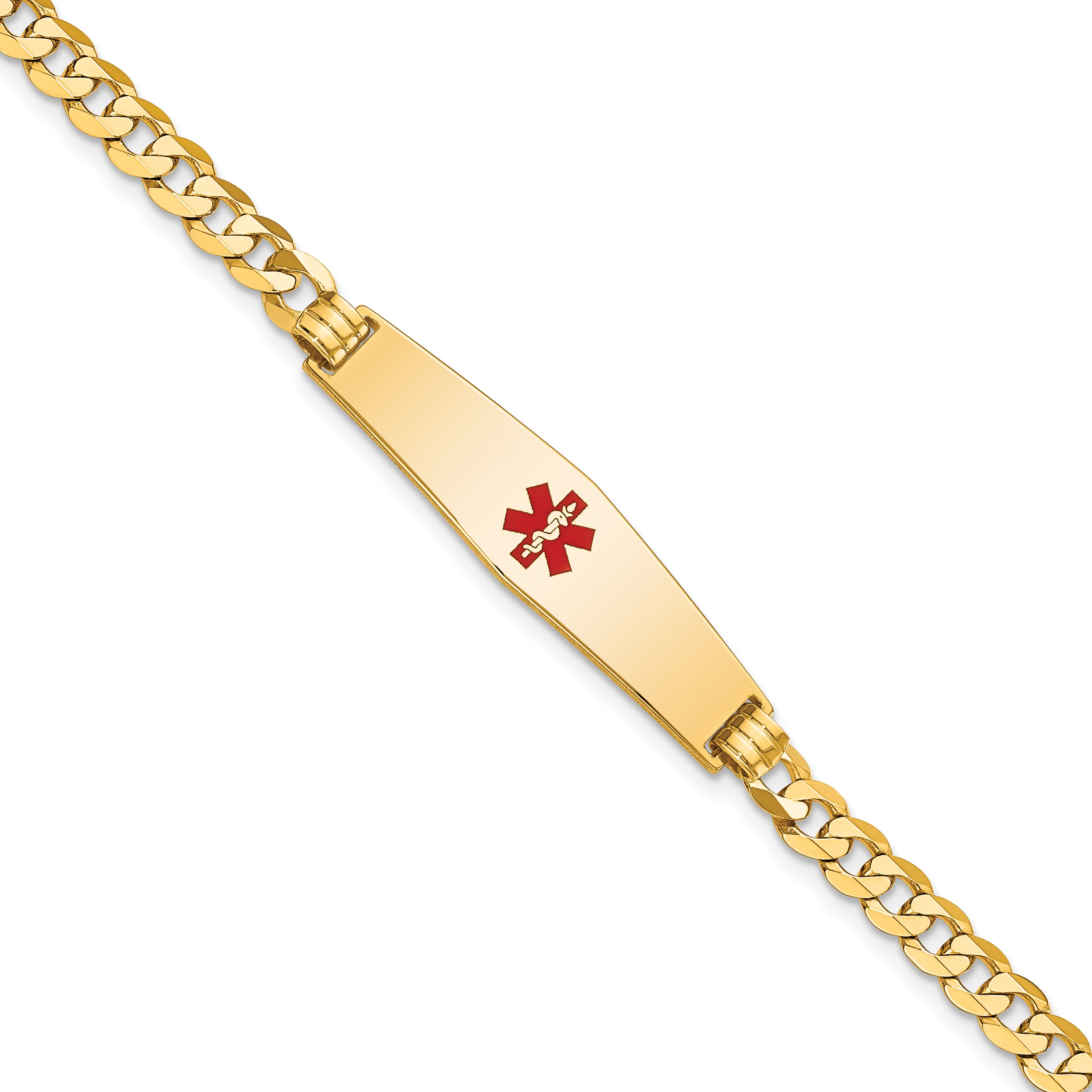 14K Medical Soft Diamond Shape Red Enamel Flat Curb Link Id Bracelet