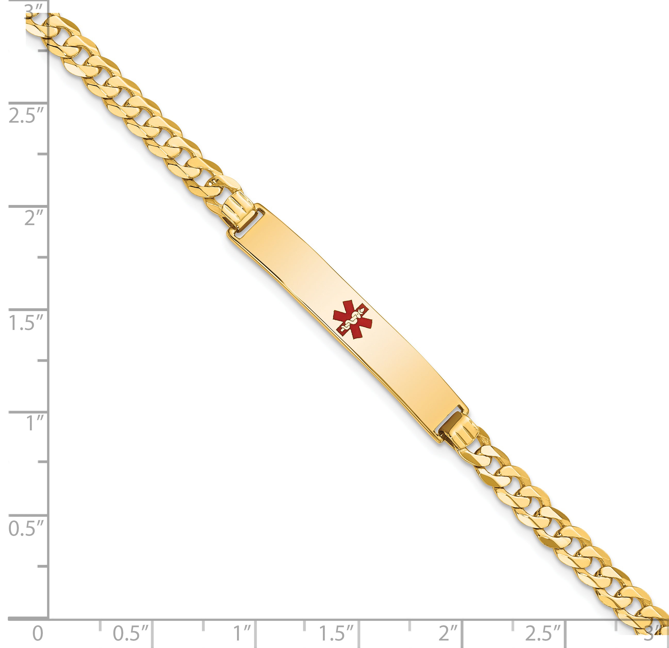 14K Medical Solid Chain/Solid Plate 34x6mm Centered Red Enamel Flat Curb Link 8 inch ID Bracelet