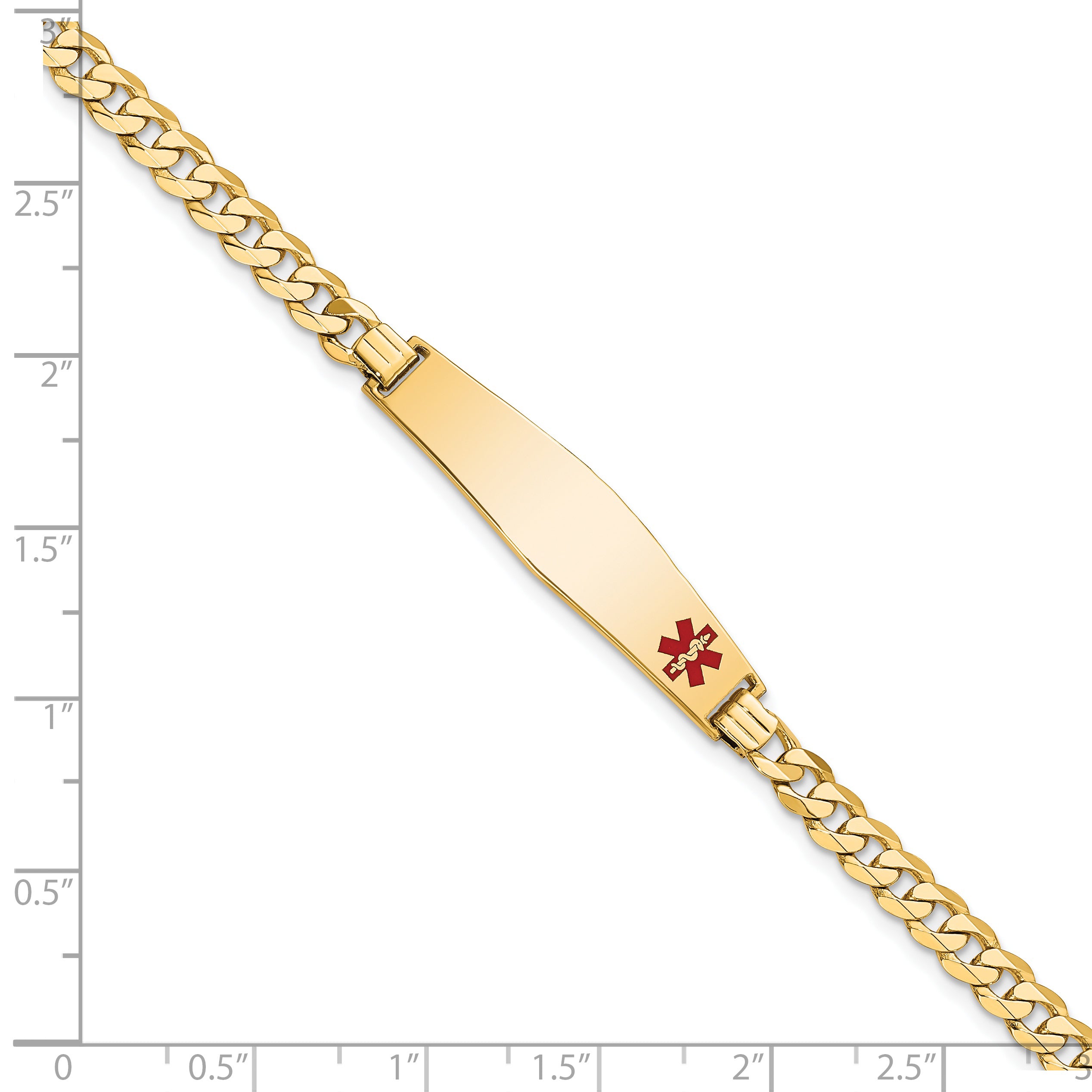 14K Medical Soft Diamond Shape Red Enamel Flat Curb Link Id Bracelet