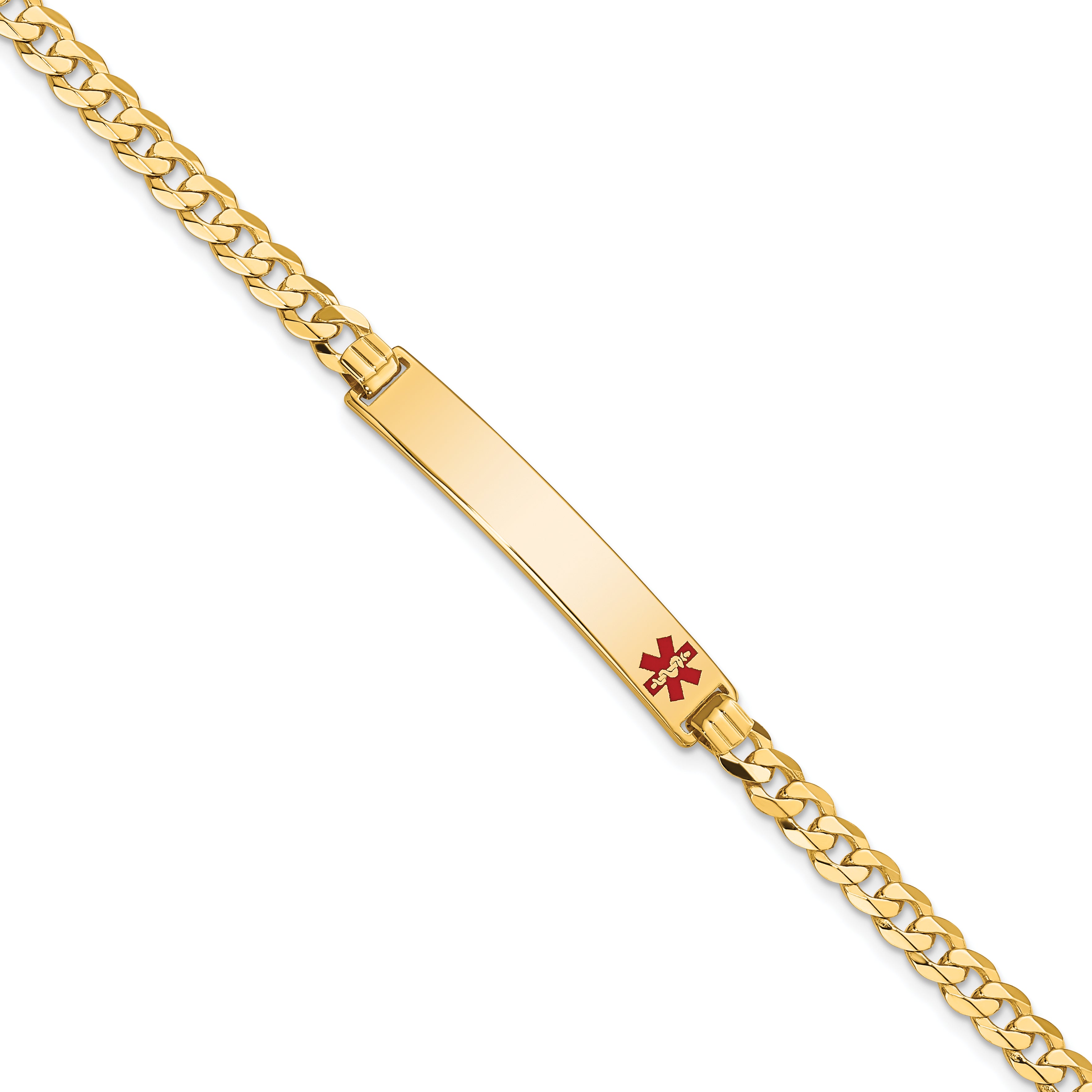 14K Medical Solid Chain/Solid Plate 33x6mm Off-Center Red Enamel Flat Curb Link 7 inch ID Bracelet