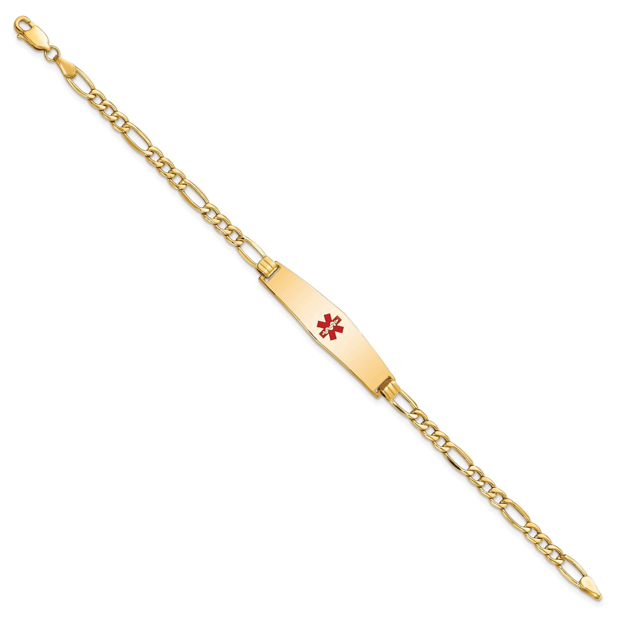 14K Semi-Solid Medical Soft Diamond Shape Red Enamel Figaro Id Bracelet