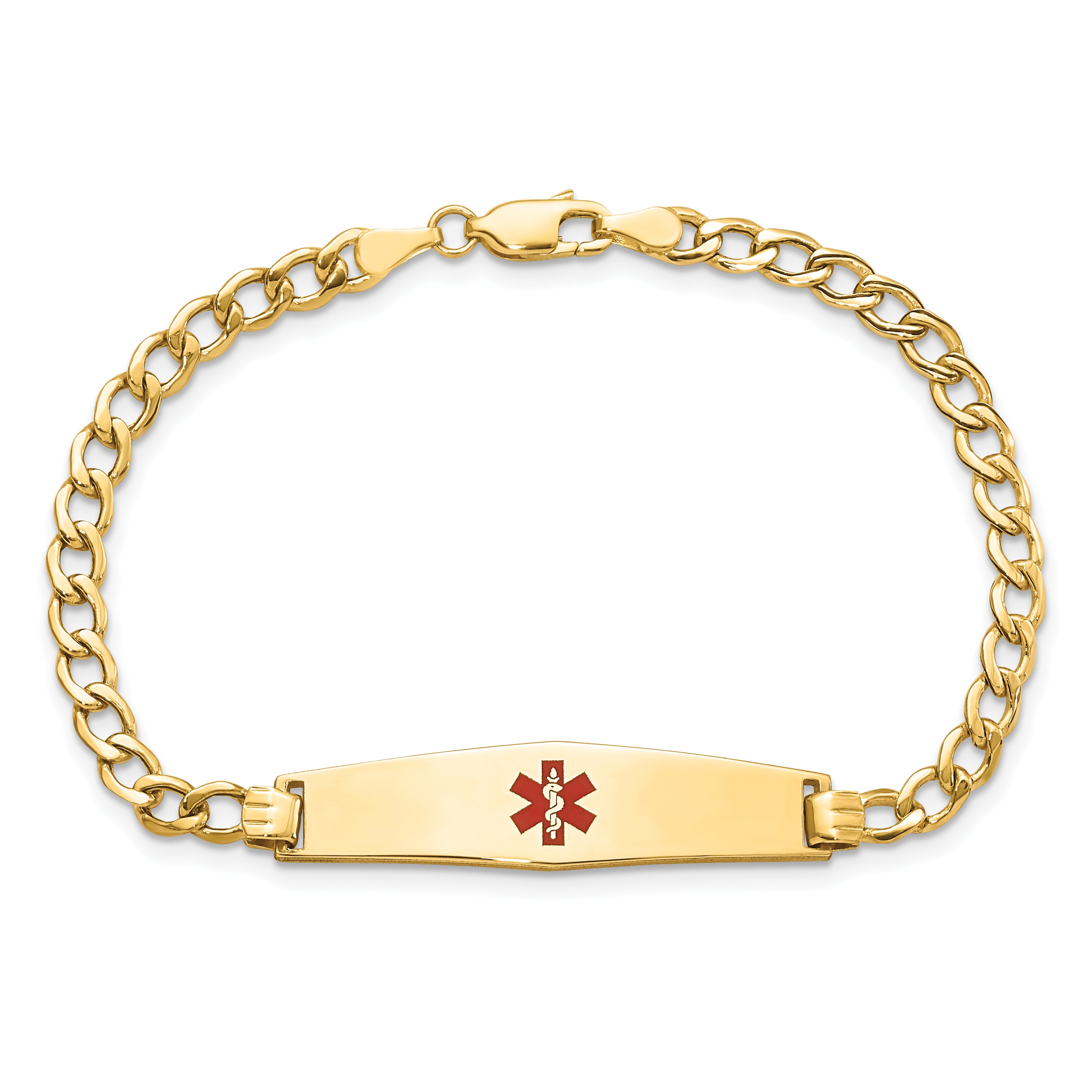 14K Medical Semi-Solid Chain/Solid Plate Soft Diamond Shape 33x8mm Centered Red Enamel Curb Link 7 inch ID Bracelet