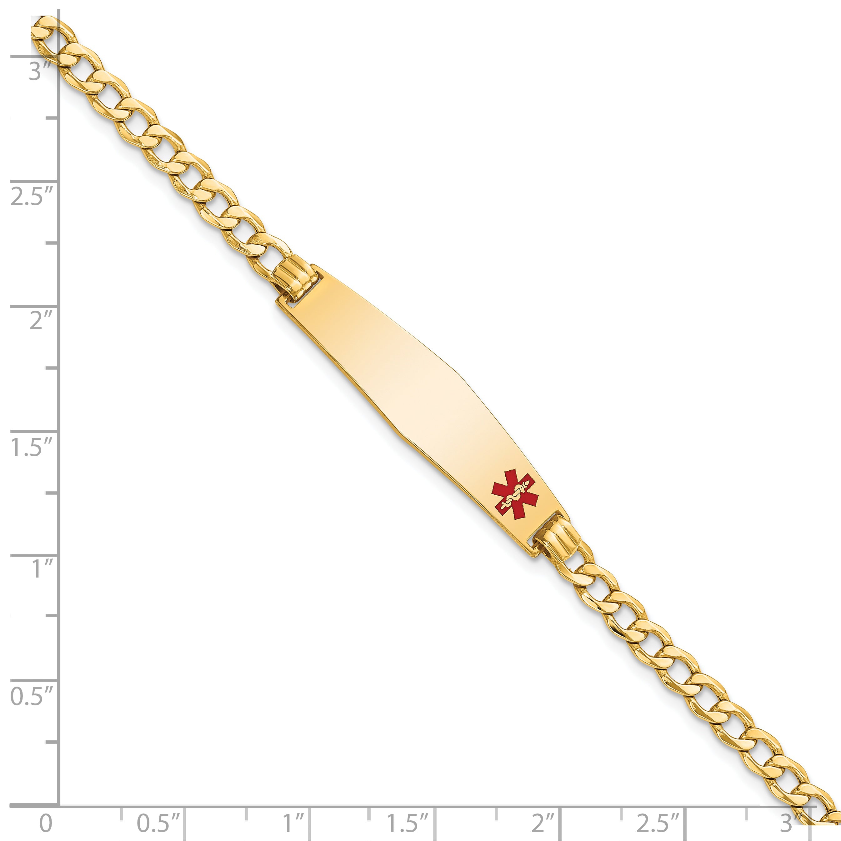 14K Semi-Solid Medical Soft Diamond Shape Red Enamel Curb Link Id Bracelet