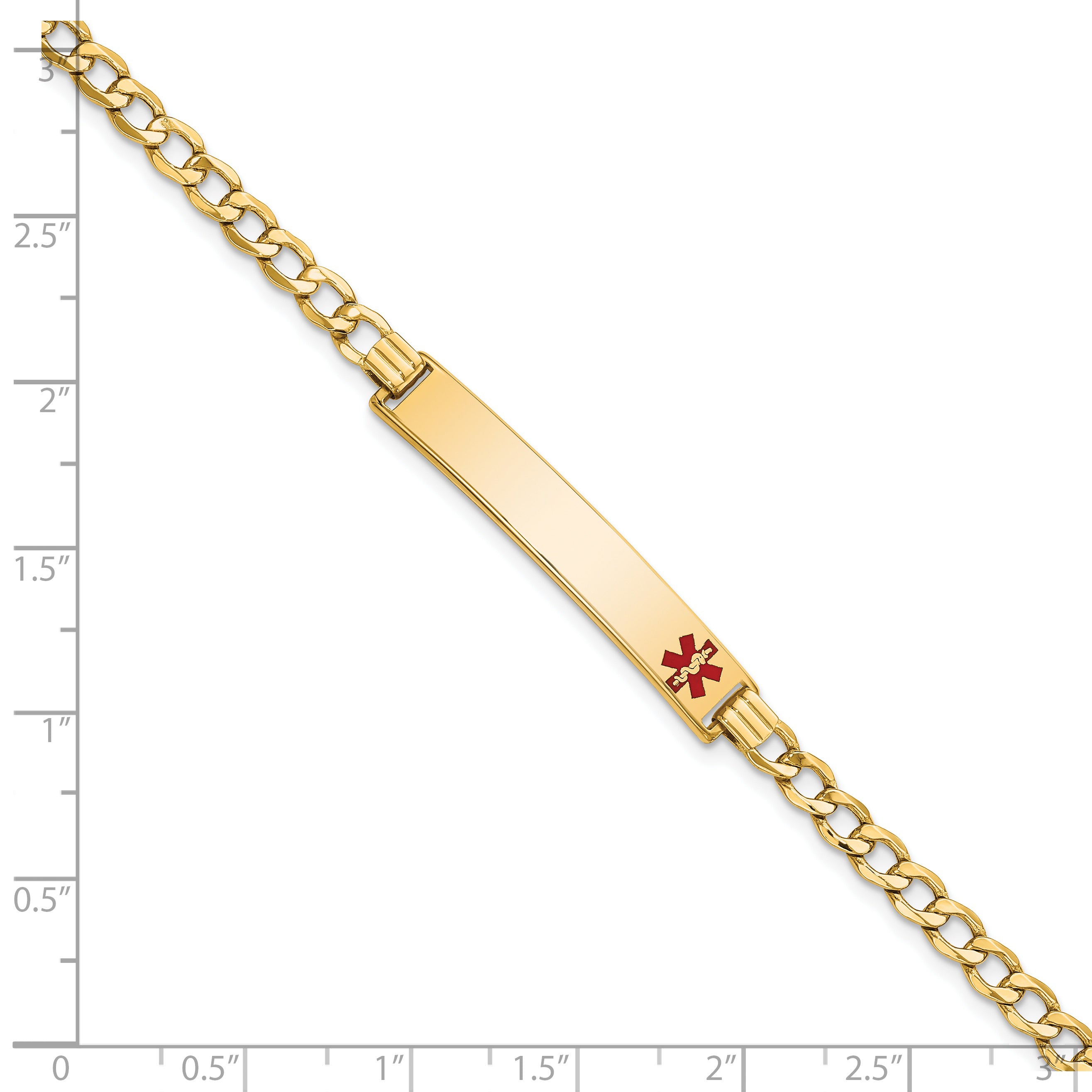 14K Medical Semi-Solid Chain/Solid Plate 35x6mm Off-Center Red Enamel Curb Link 7 inch ID Bracelet