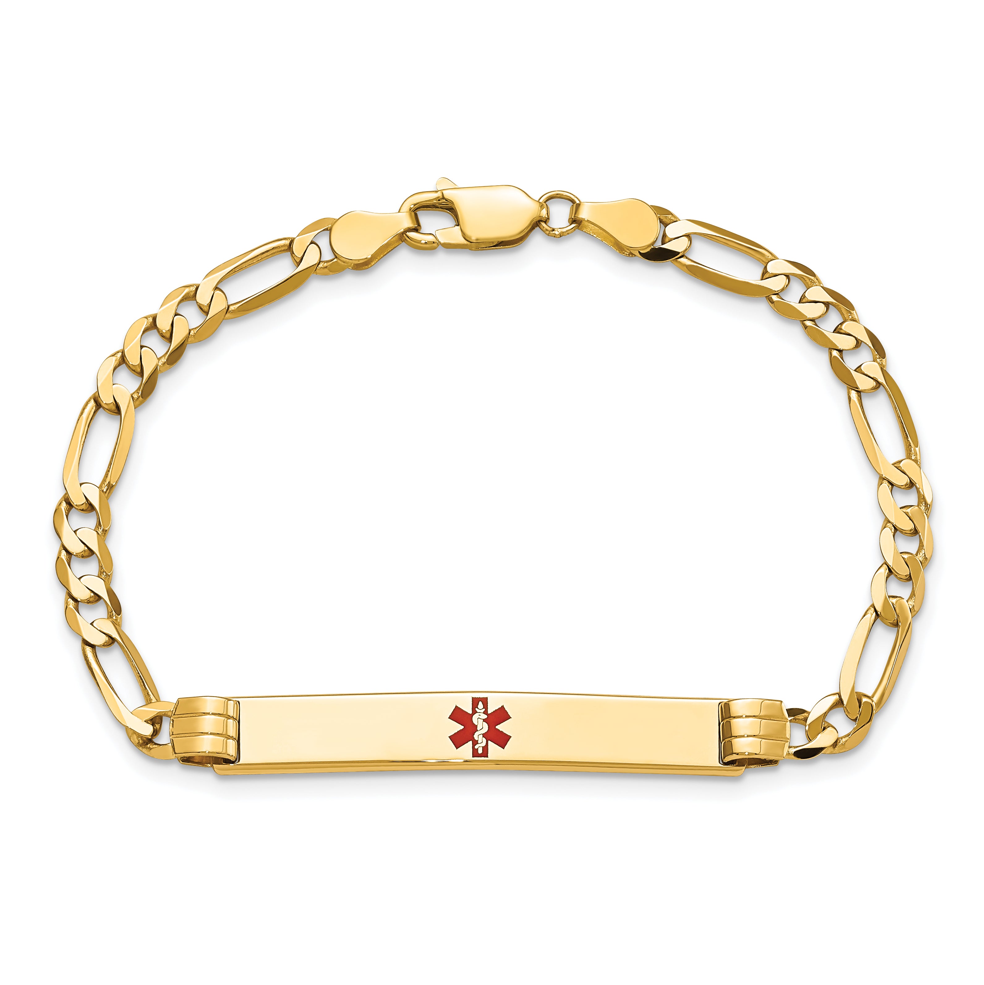 14K Medical Solid Chain/Solid Plate 37x6mm Centered Red Enamel Figaro Link 8 inch ID Bracelet