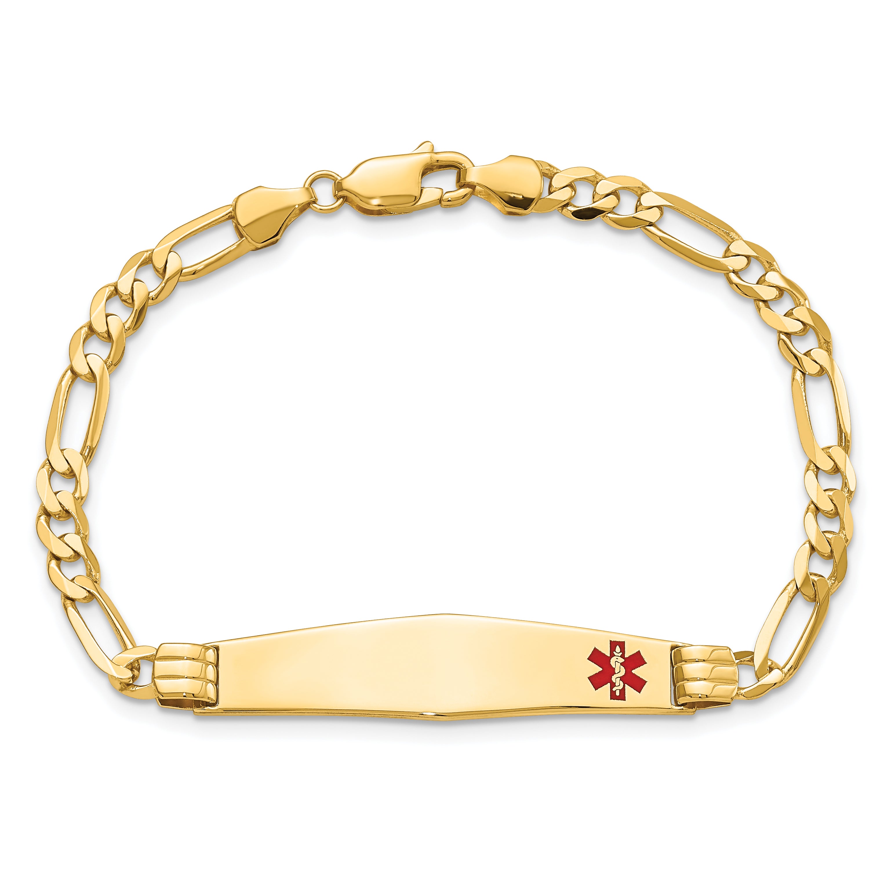 14K Medical Solid Chain/Solid Plate Soft Diamond Shape 36x9mm Off-Center Red Enamel Figaro Link 7 inch ID Bracelet