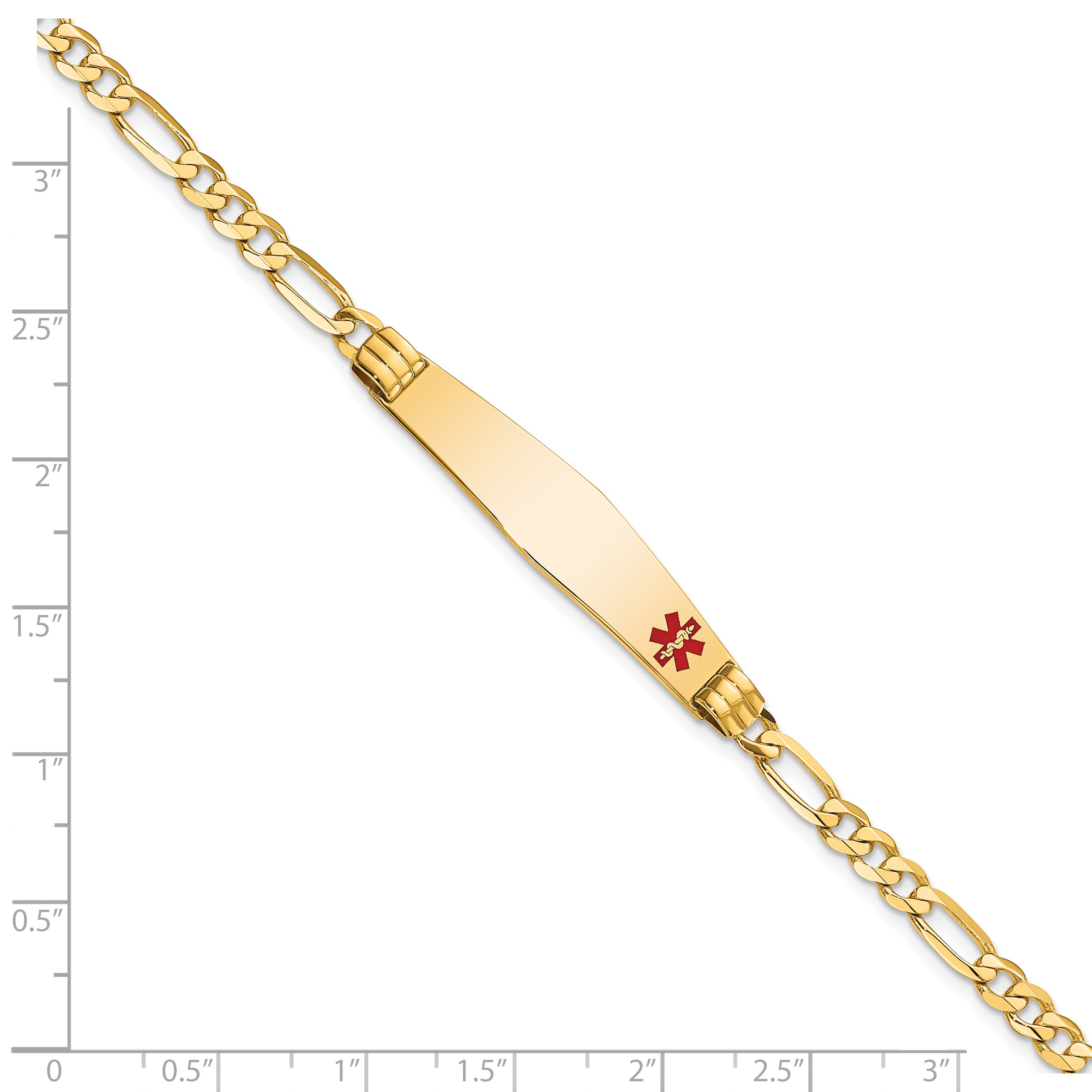 14K Medical Solid Chain/Solid Plate Soft Diamond Shape 36x9mm Off-Center Red Enamel Figaro Link 7 inch ID Bracelet