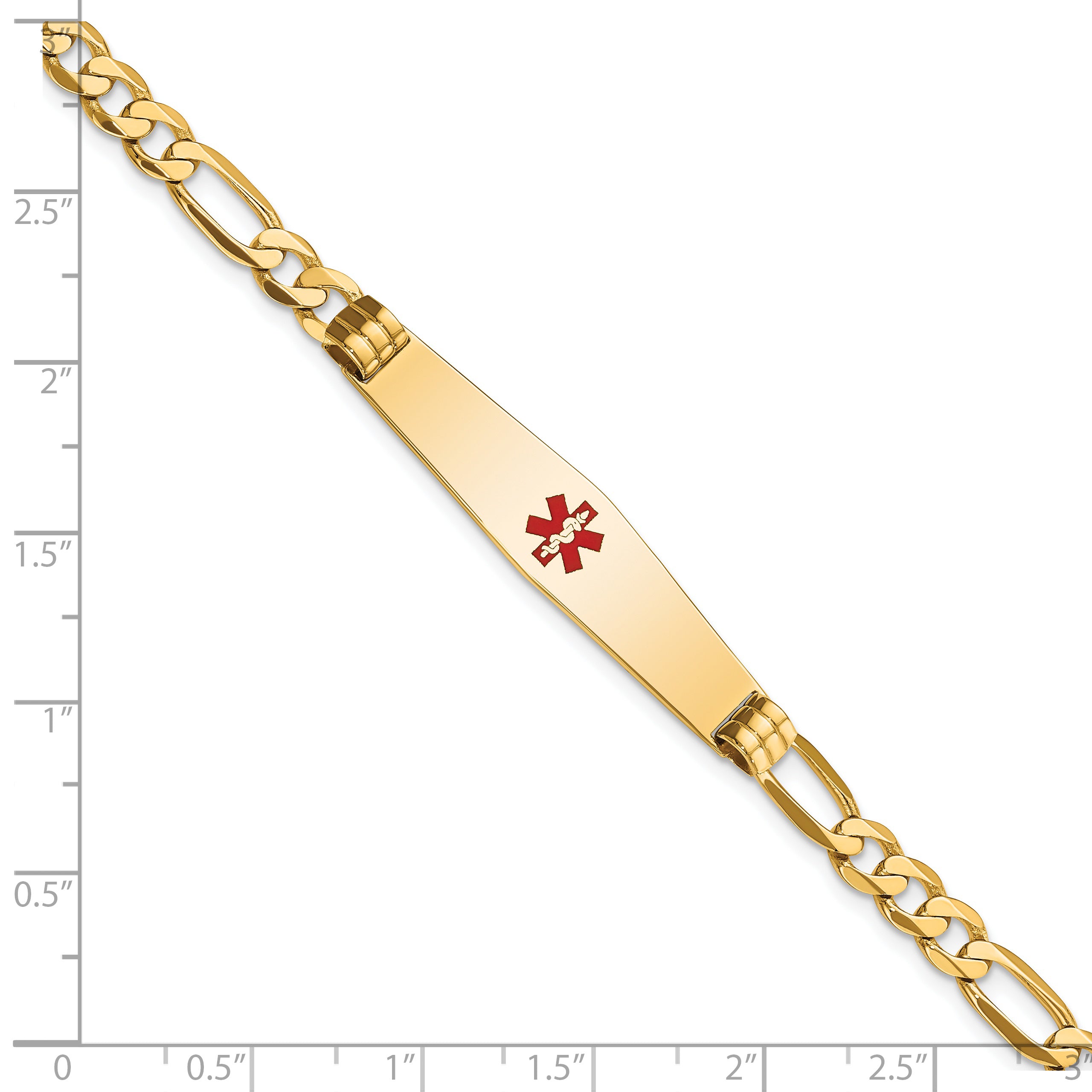 14K Medical Solid Chain/Solid Plate Soft Diamond Shape 36x9mm Centered Red Enamel Flat Figaro Link 7 inch ID Bracelet