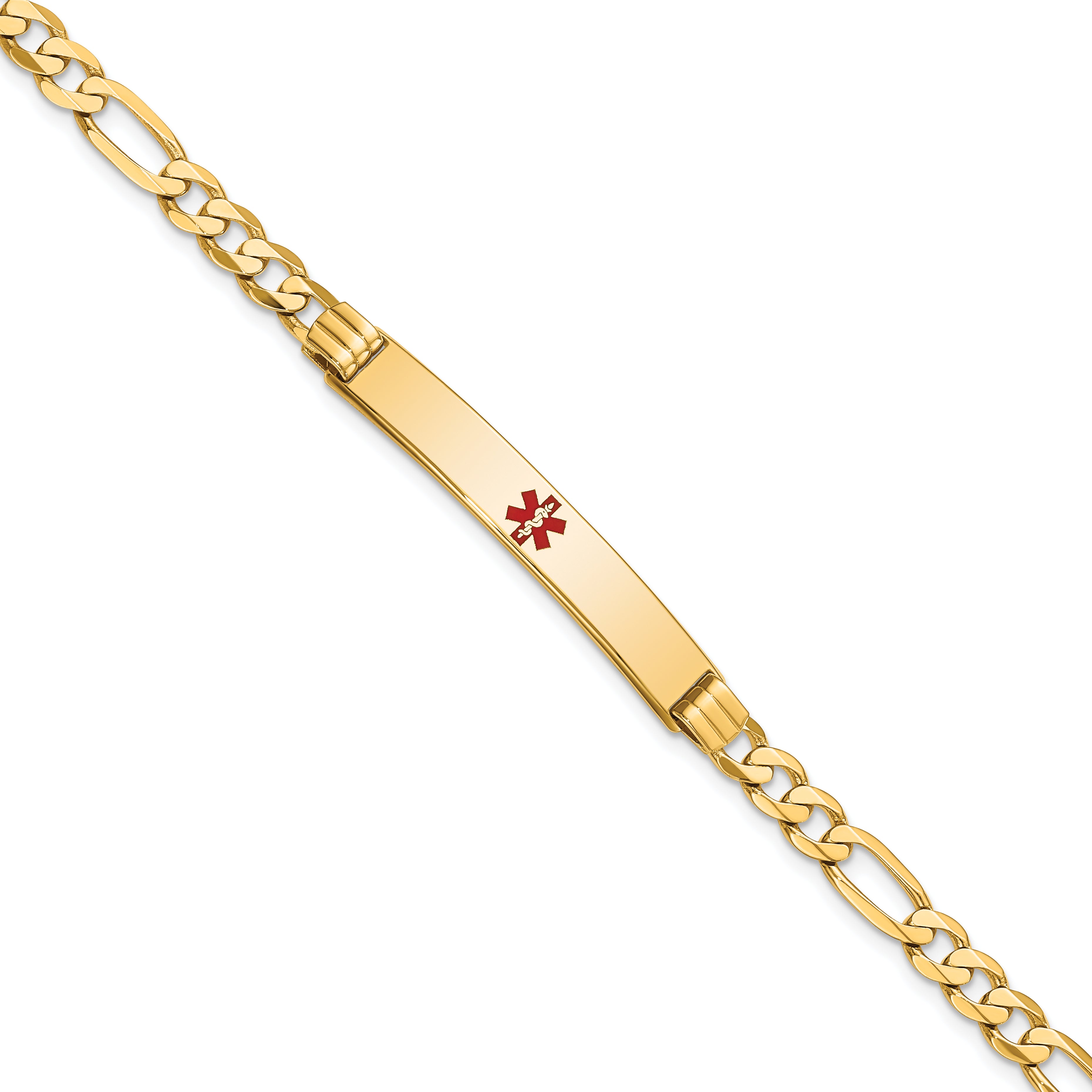 14K Medical Solid Chain/Solid Plate 37x6mm Centered Red Enamel Flat Figaro Link 8 inch ID Bracelet