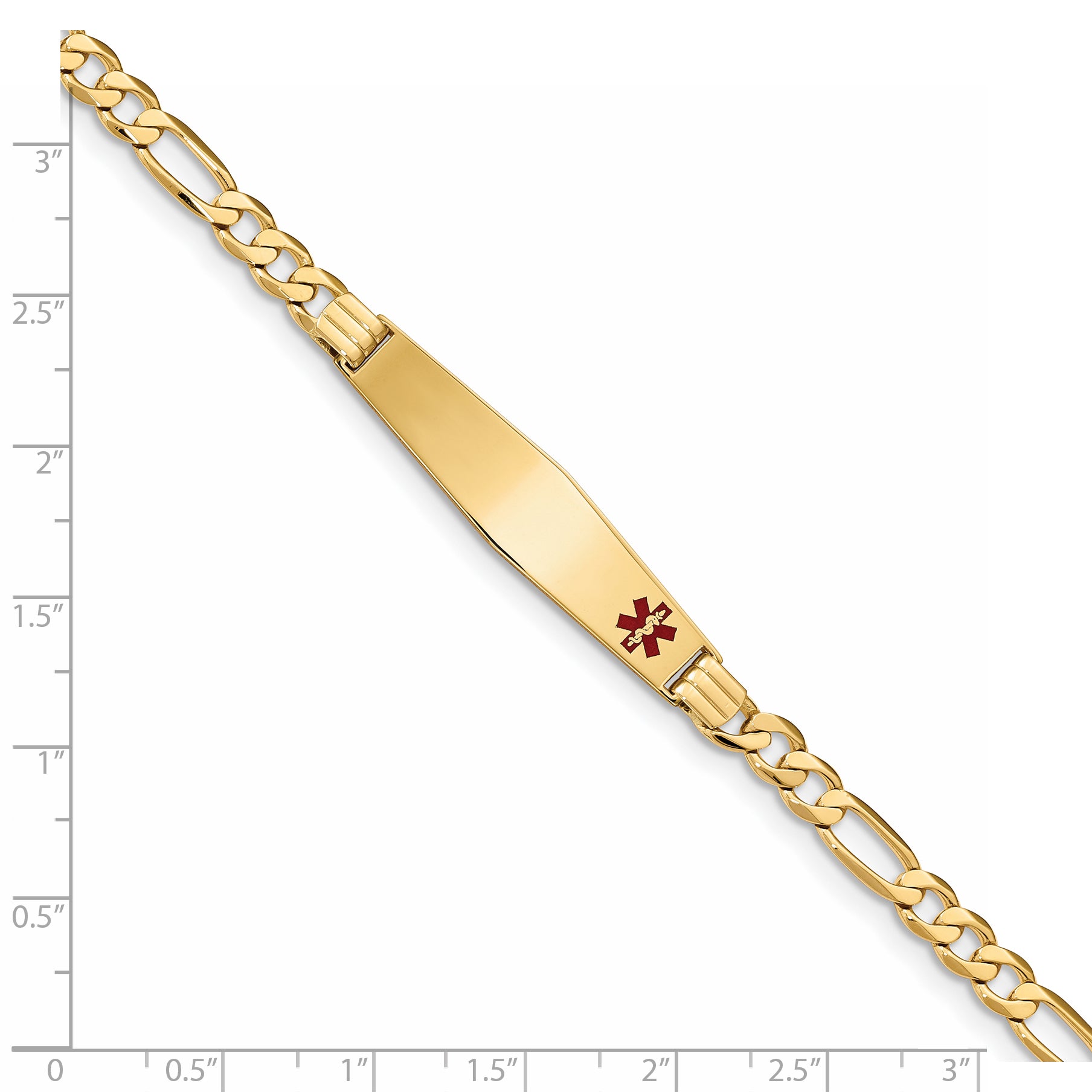 14K Medical Solid Chain/Solid Plate Soft Diamond Shape 36x9mm Off-Center Red Enamel Flat Figaro Link 7 inch ID Bracelet