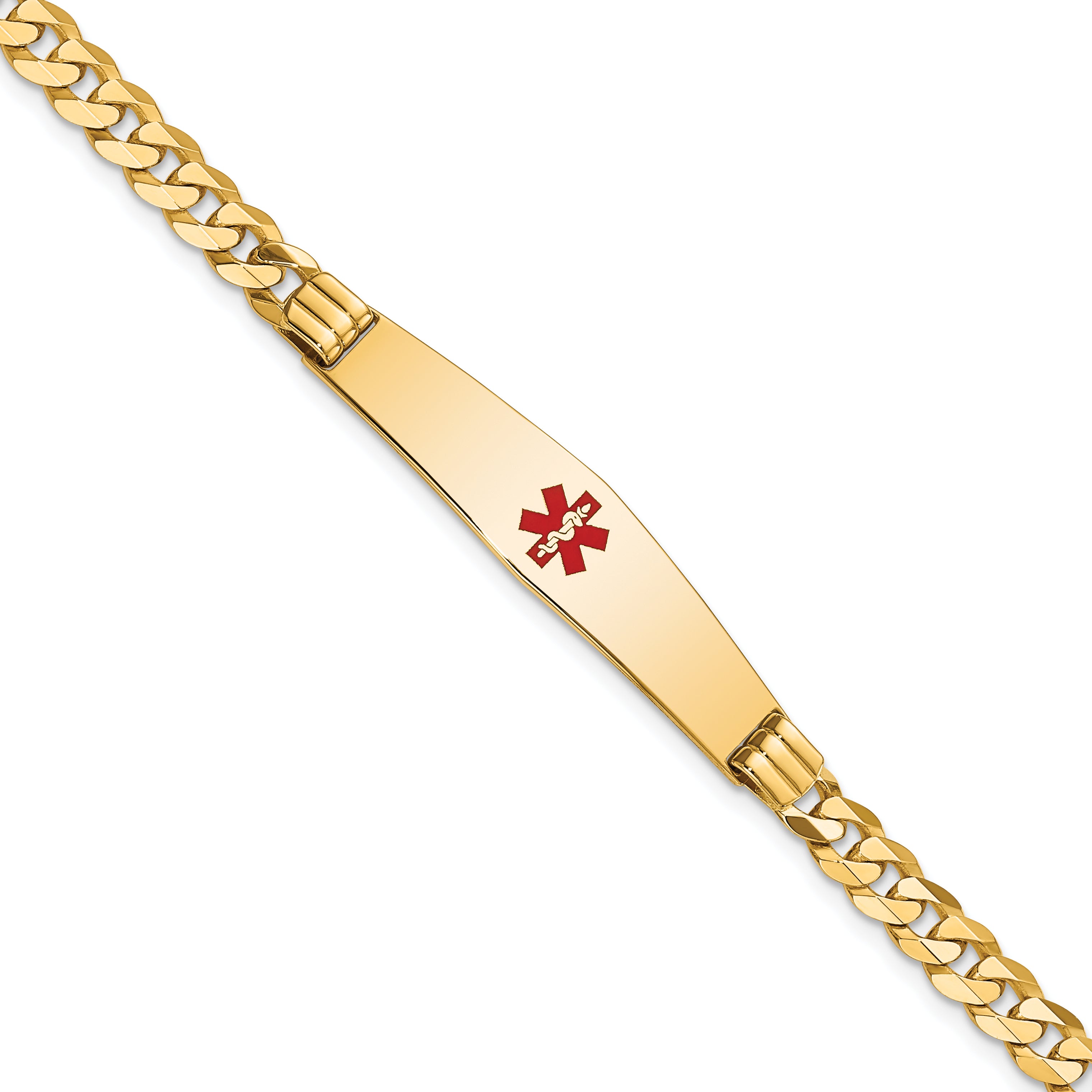 14K Medical Soft Diamond Shape Red Enamel Curb Link Id Bracelet