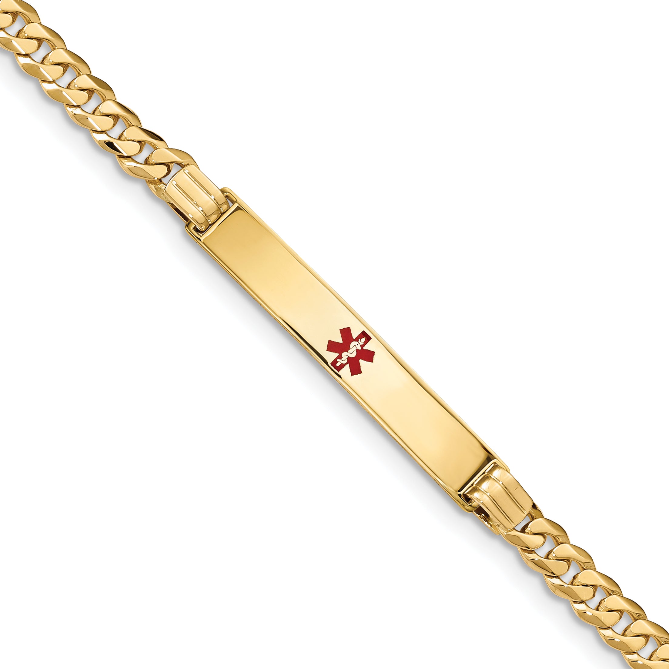 14K Medical Solid Chain/Solid Plate 37x6mm Centered Red Enamel Curb Link 8 inch ID Bracelet