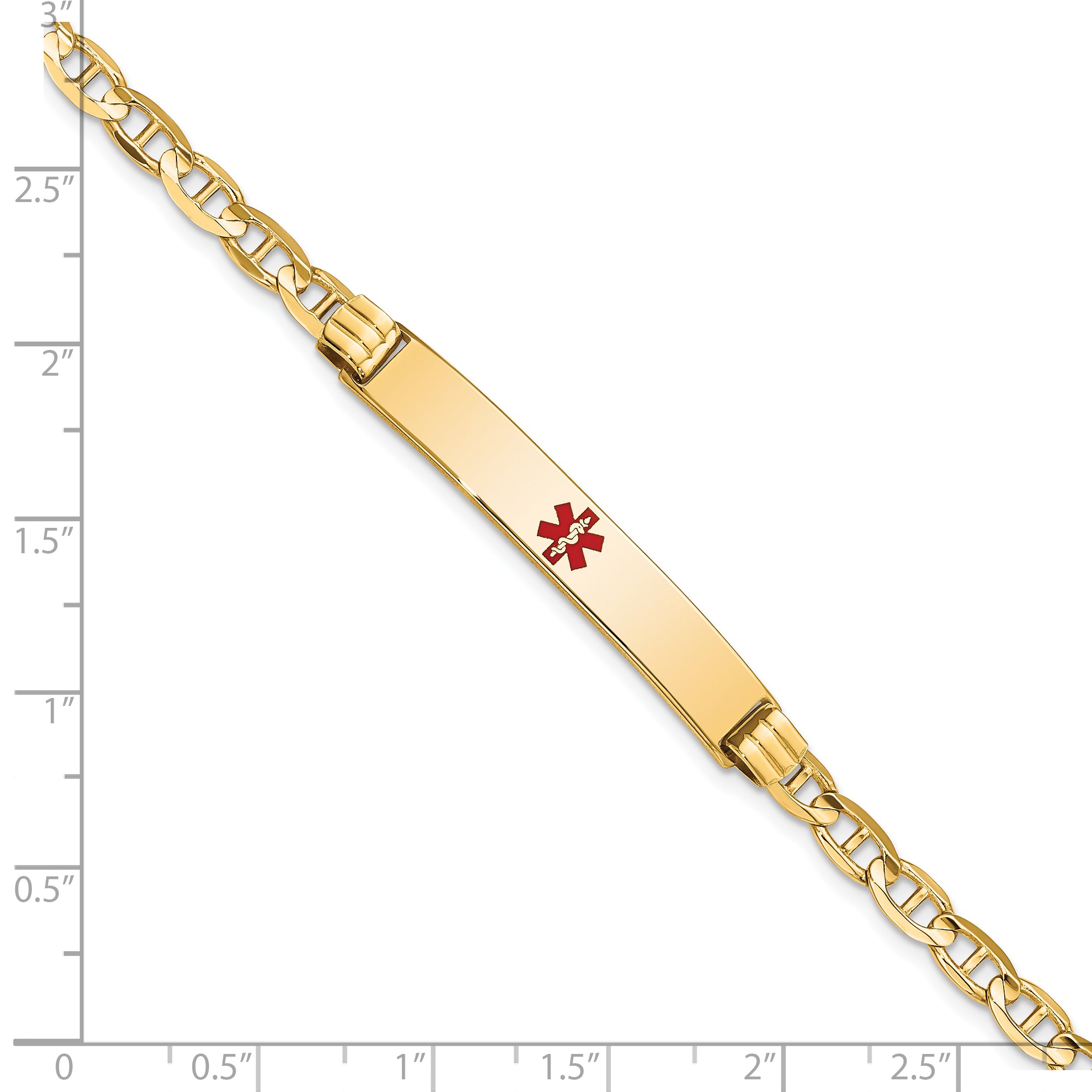 14K Medical Solid Chain/Solid Plate 37x6mm Centered Red Enamel Anchor Link 8 inch ID Bracelet