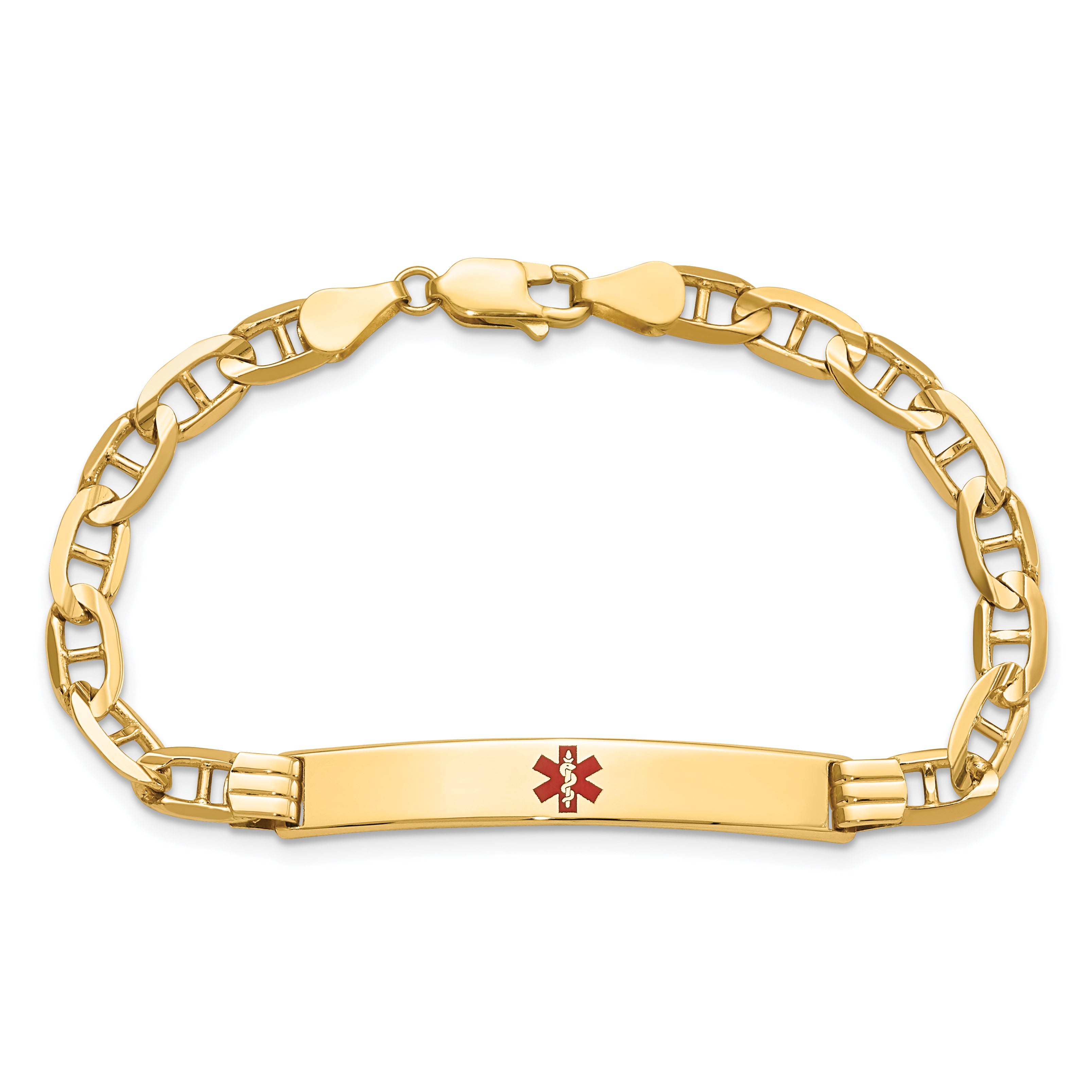 14K Medical Solid Chain/Solid Plate 37x6mm Centered Red Enamel Anchor Link 8 inch ID Bracelet