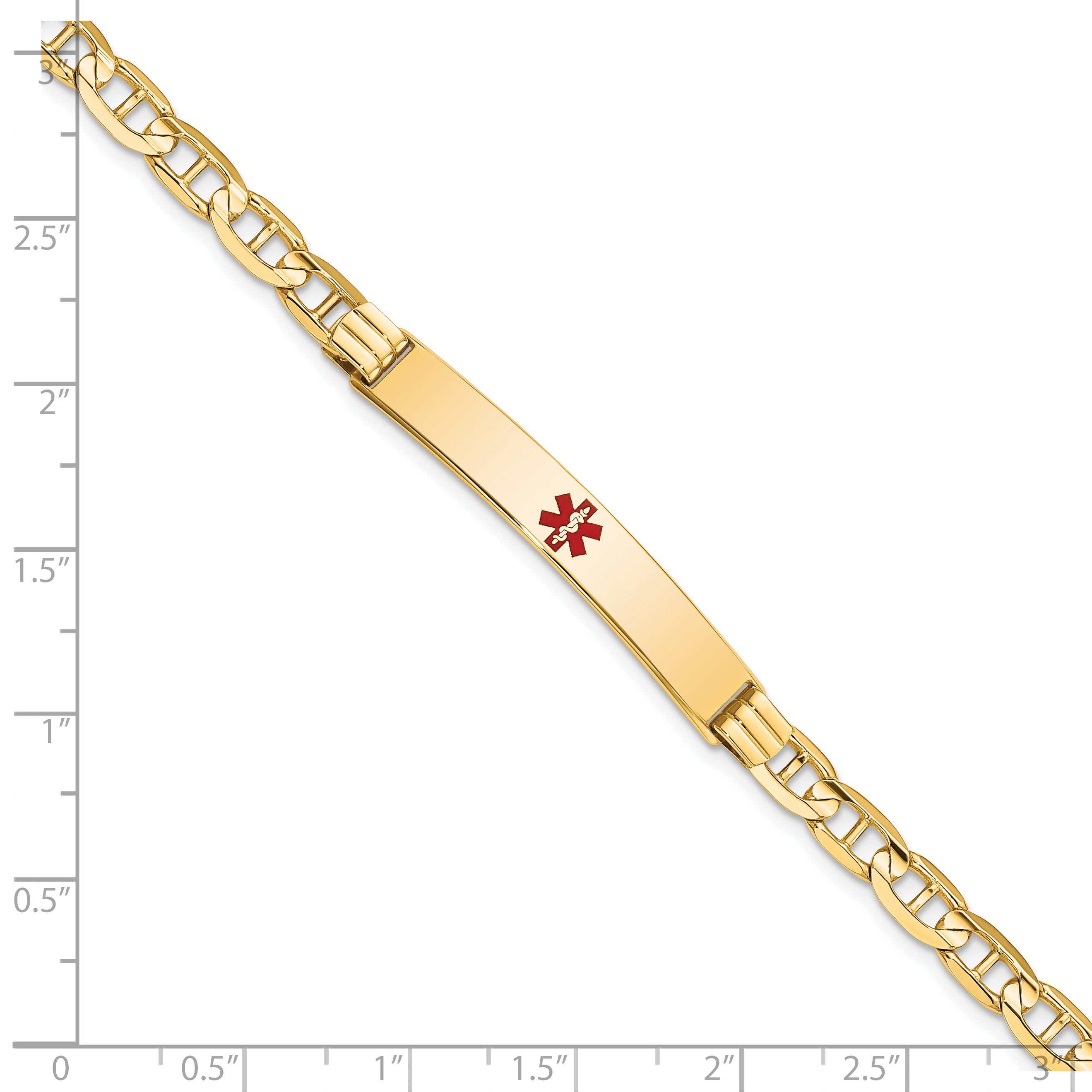14K Medical Solid Chain/Solid Plate 37x6mm Centered Red Enamel Anchor Link 8 inch ID Bracelet