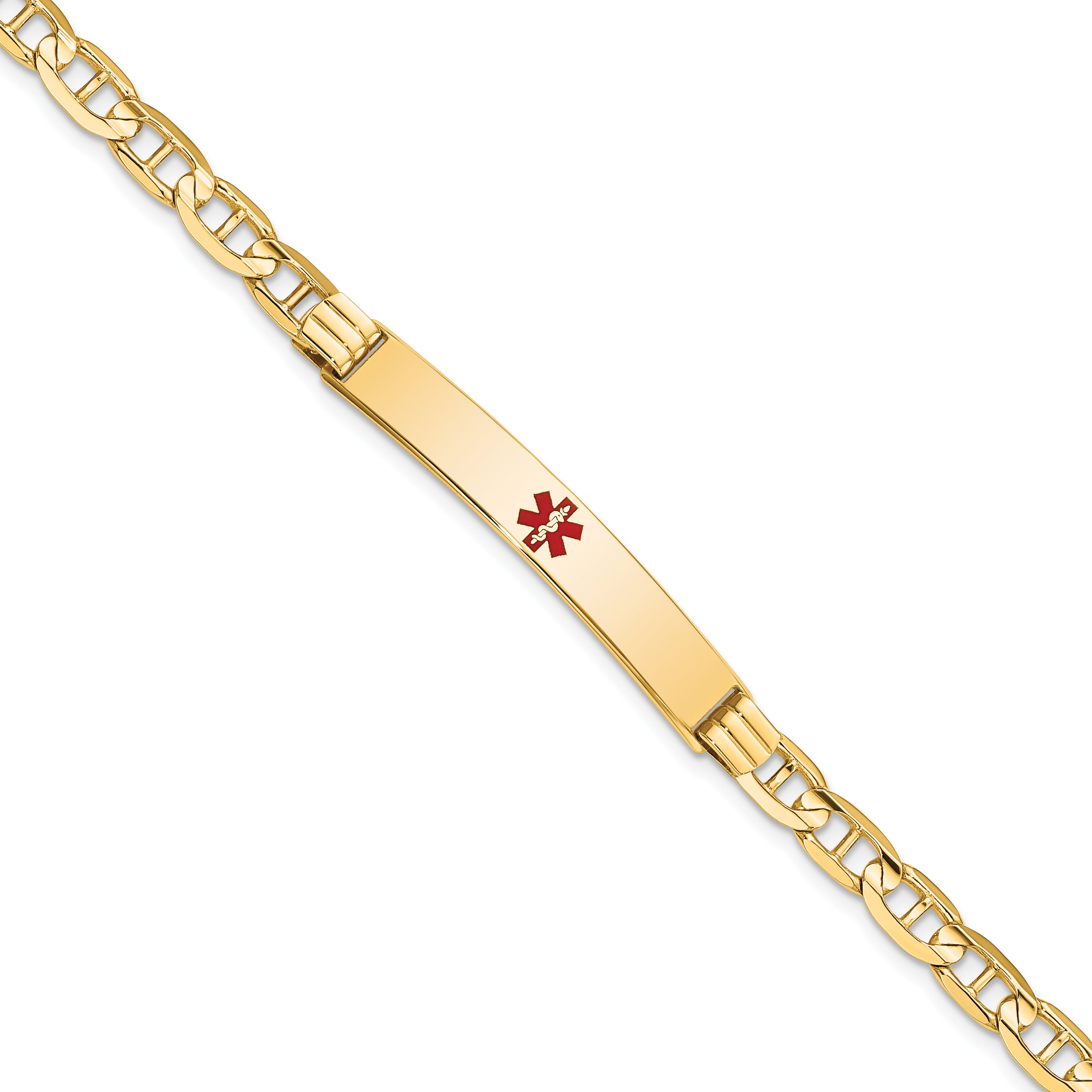 14K Medical Solid Chain/Solid Plate 37x6mm Centered Red Enamel Anchor Link 8 inch ID Bracelet