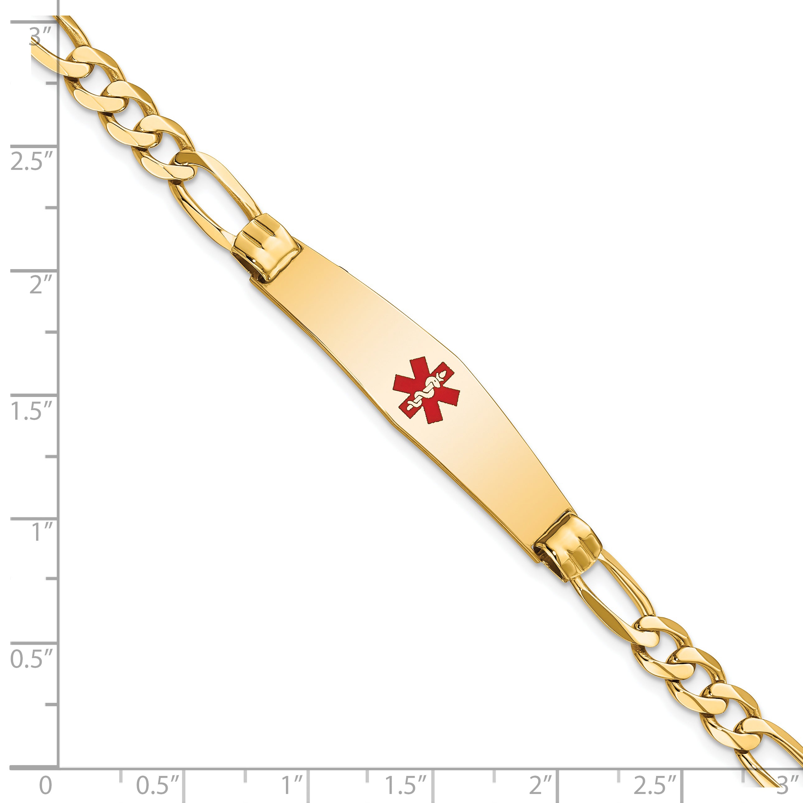14K Medical Solid Chain/Solid Plate Soft Diamond Shape 36x9mm Centered Red Enamel Figaro Link 7 inch ID Bracelet
