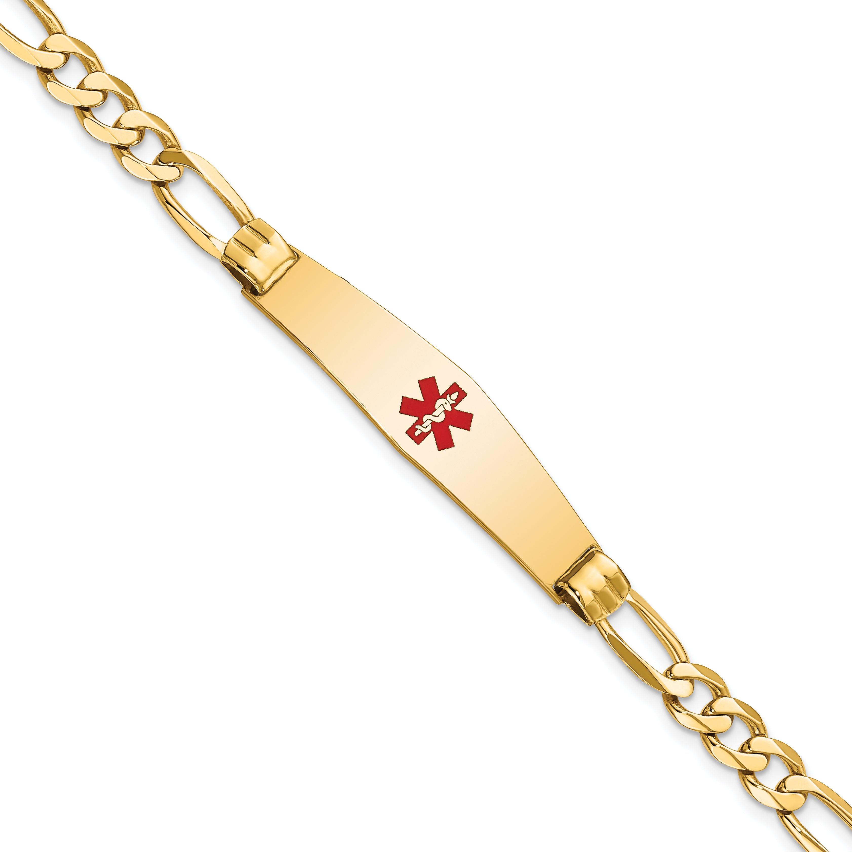 14K Medical Soft Diamond Shape Red Enamel Figaro Id Bracelet