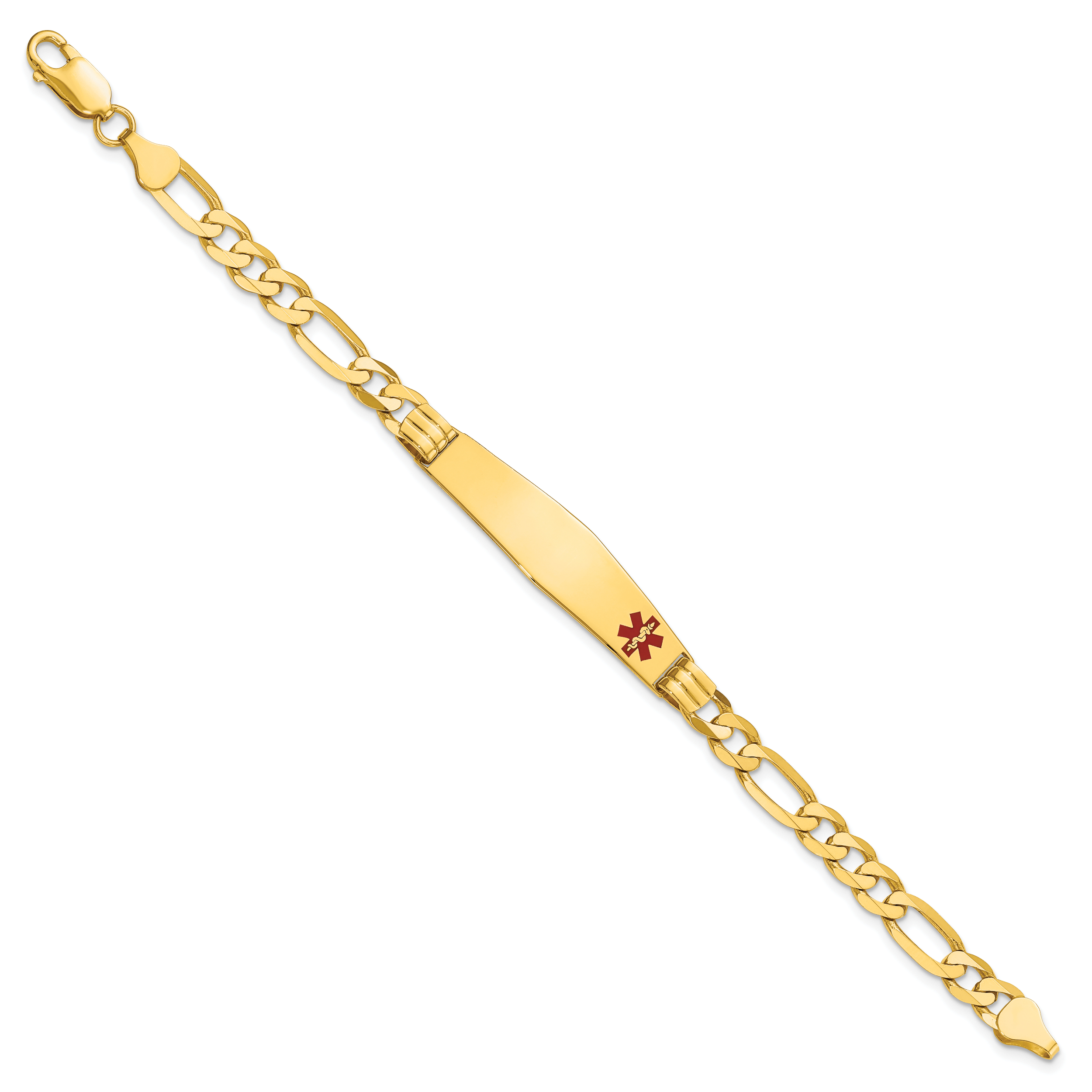 14K Medical Soft Diamond Shape Red Enamel Figaro Id Bracelet