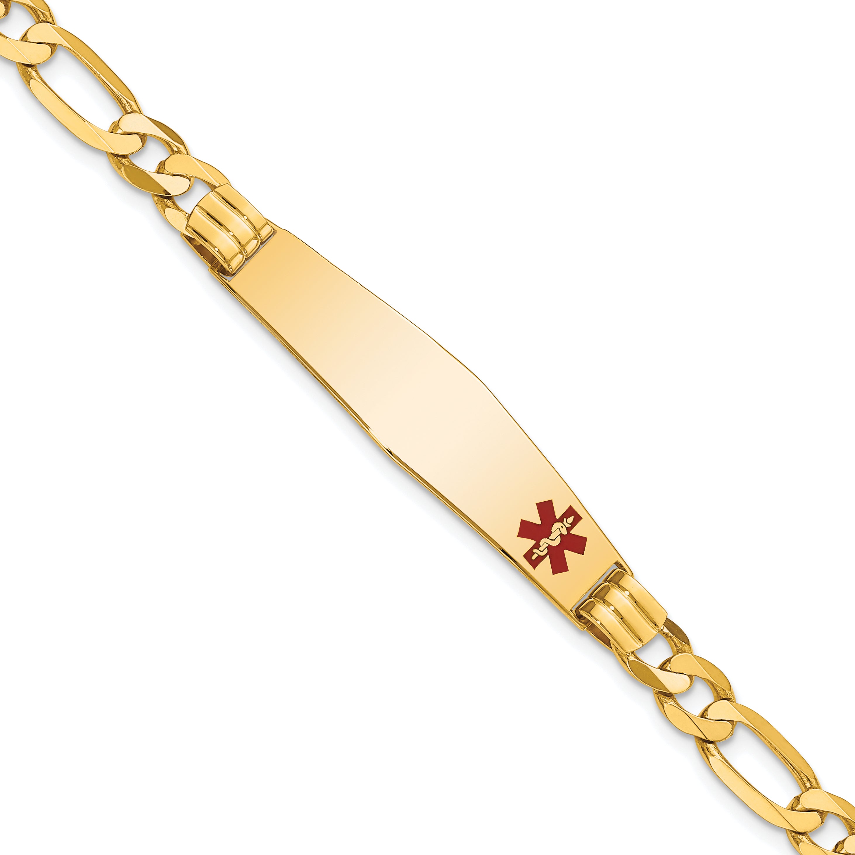 14K Medical Soft Diamond Shape Red Enamel Figaro Id Bracelet
