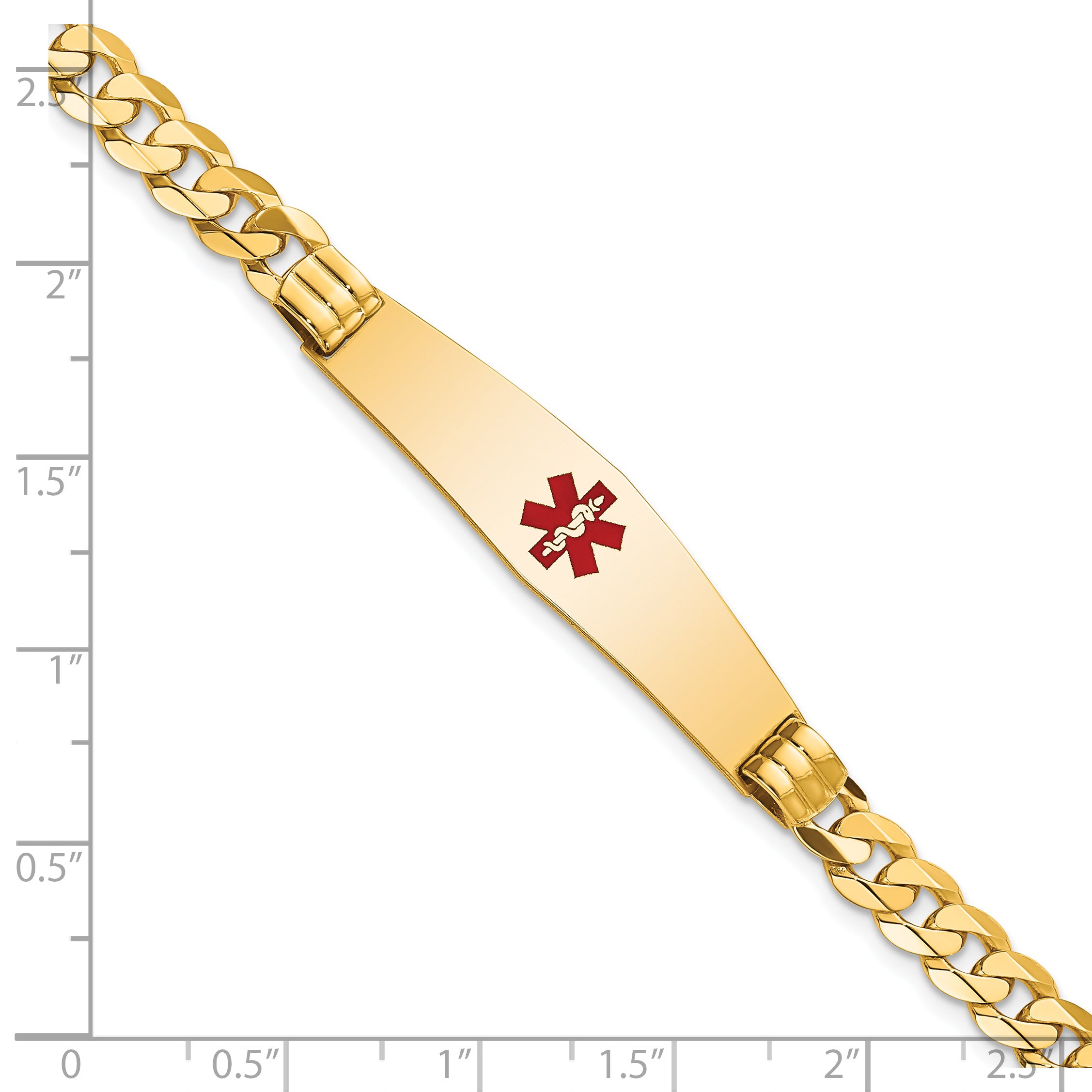 14K Medical Solid Chain/Solid Plate Soft Diamond Shape 37x9mm Centered Red Enamel Curb Link 7 inch ID Bracelet