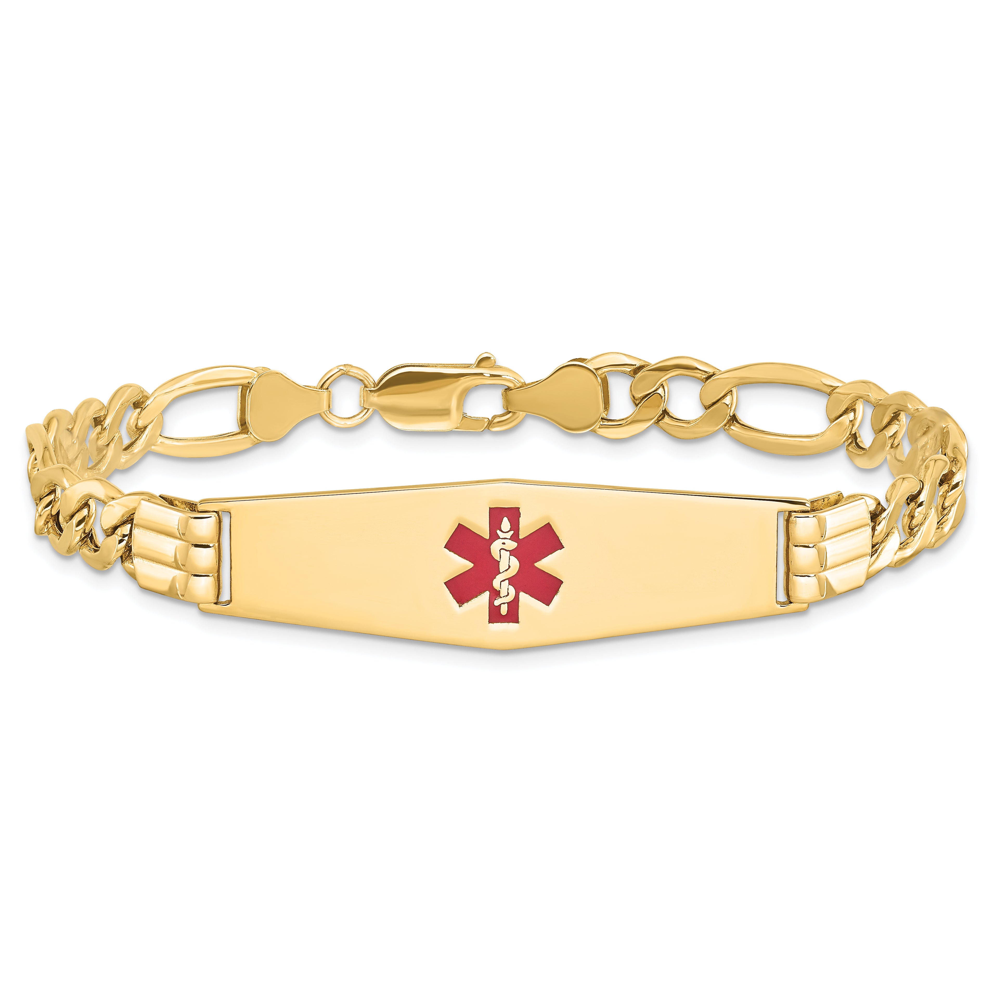 14K Semi-Solid Medical Soft Diamond Shape Red Enamel Figaro Id Bracelet
