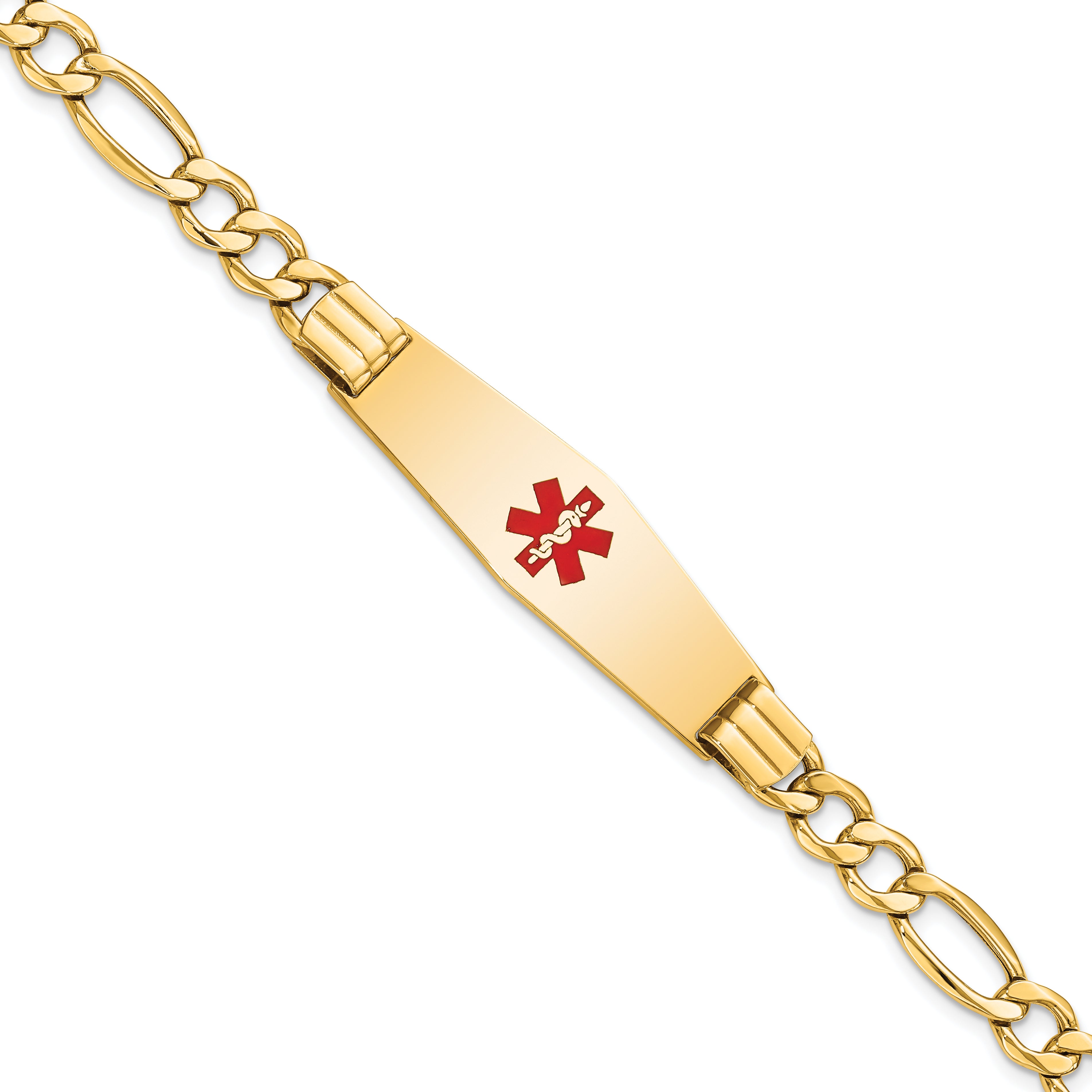 14K Semi-Solid Medical Soft Diamond Shape Red Enamel Figaro Id Bracelet