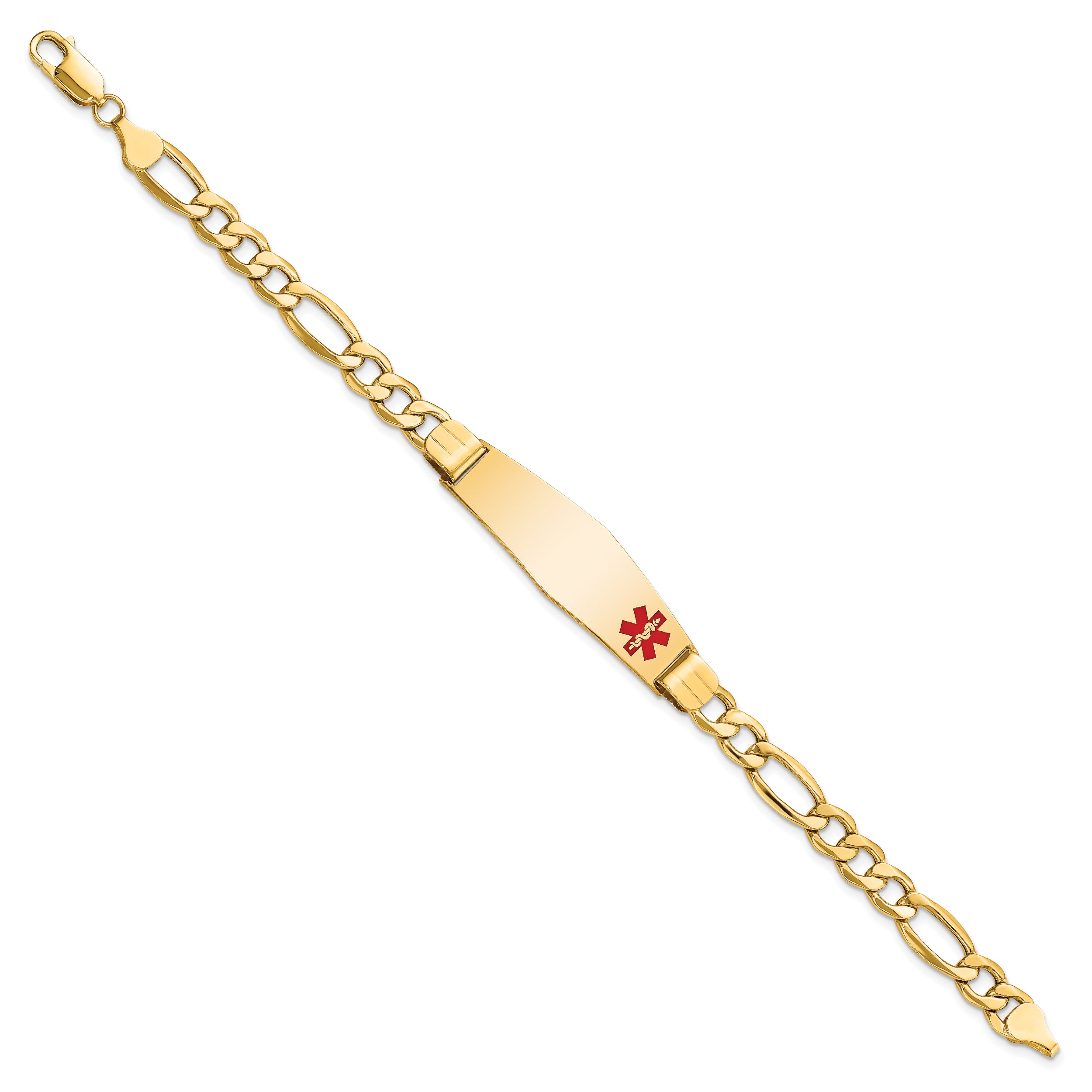 14K Medical Semi-Solid Chain/Solid Plate Soft Diamond Shape 40x12mm Off-Center Red Enamel Figaro Link 8 inch ID Bracelet
