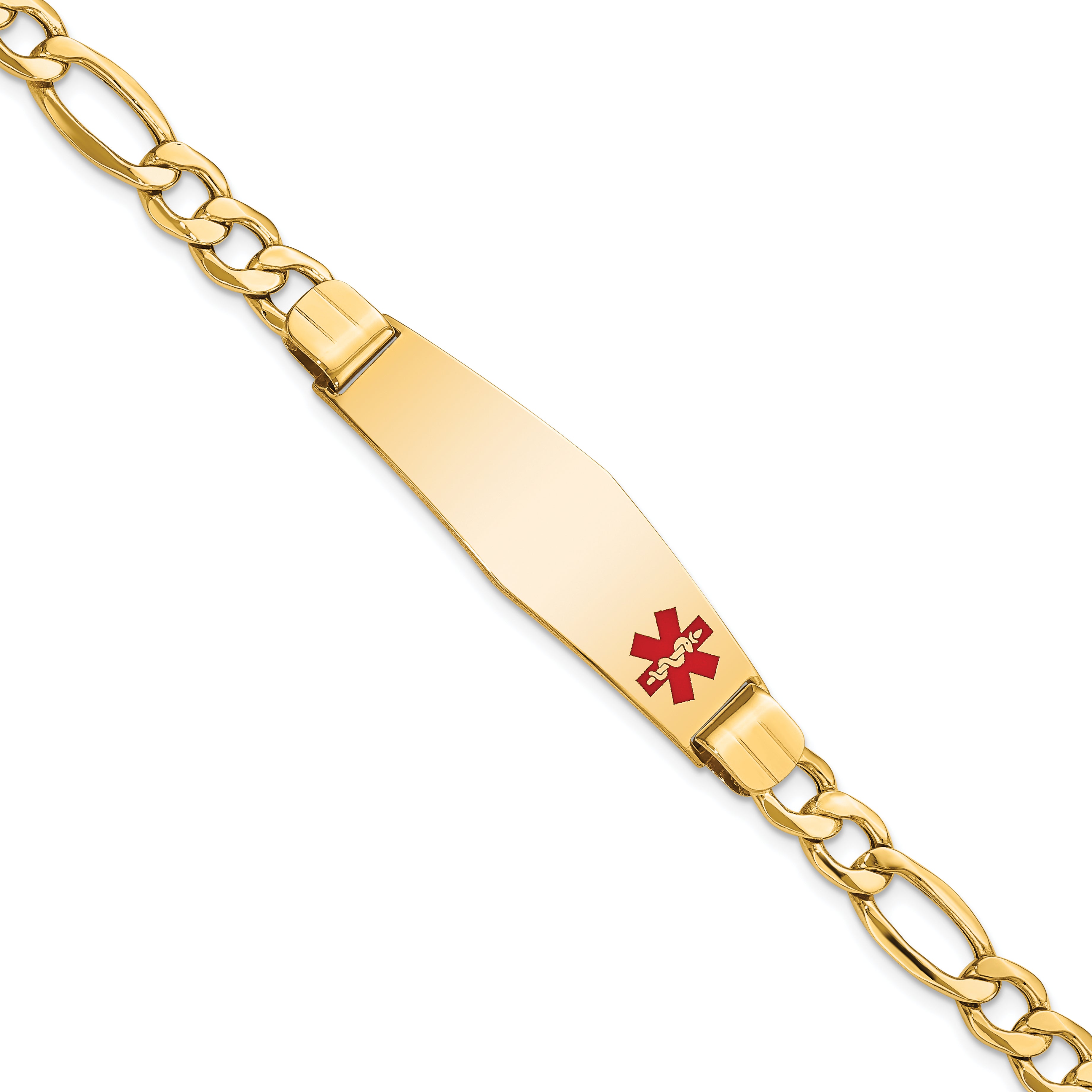 14K Medical Semi-Solid Chain/Solid Plate Soft Diamond Shape 40x12mm Off-Center Red Enamel Figaro Link 8 inch ID Bracelet