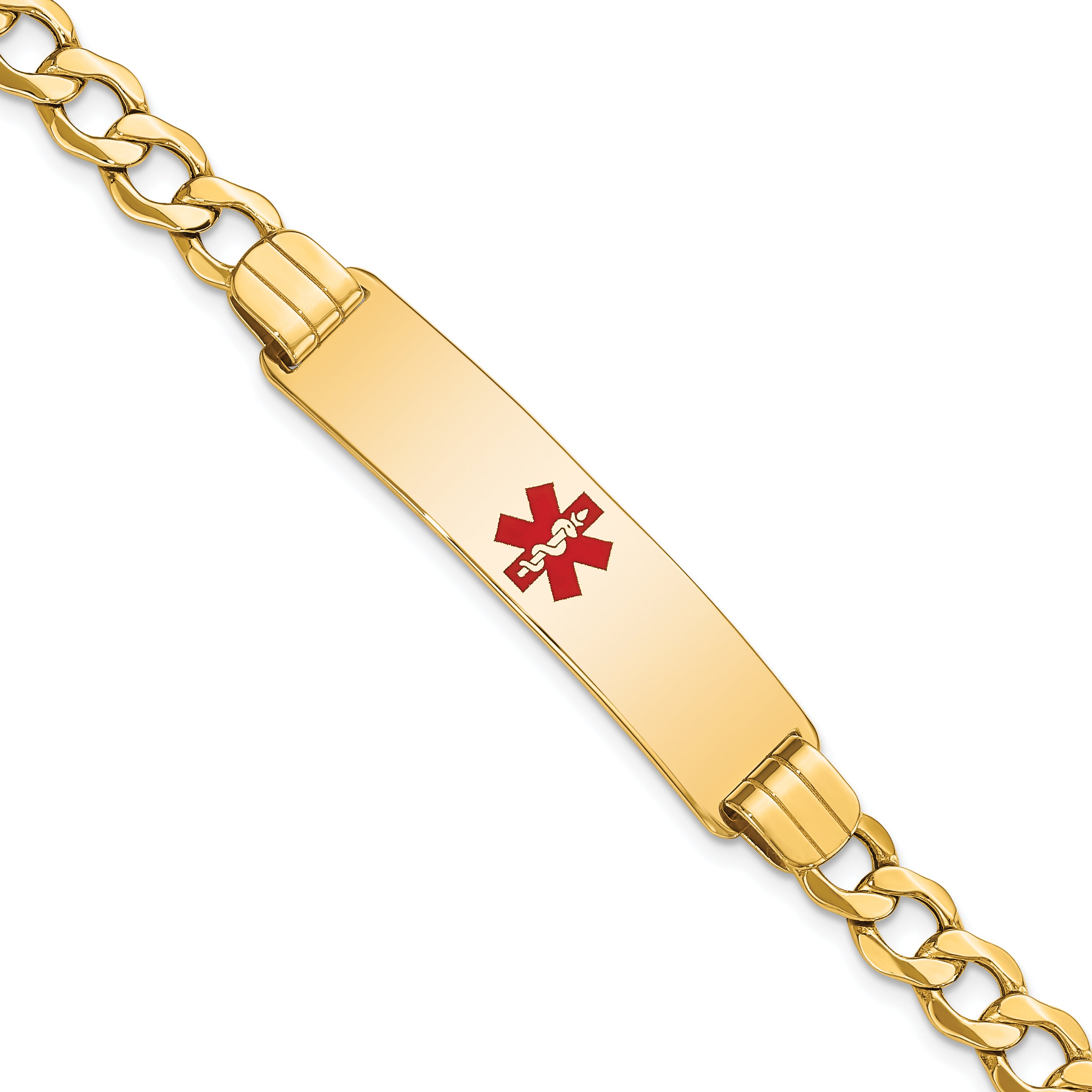 14K Medical Semi-Solid Chain/Solid Plate 40x10mm Centered Red Enamel Curb Link 7 inch ID Bracelet