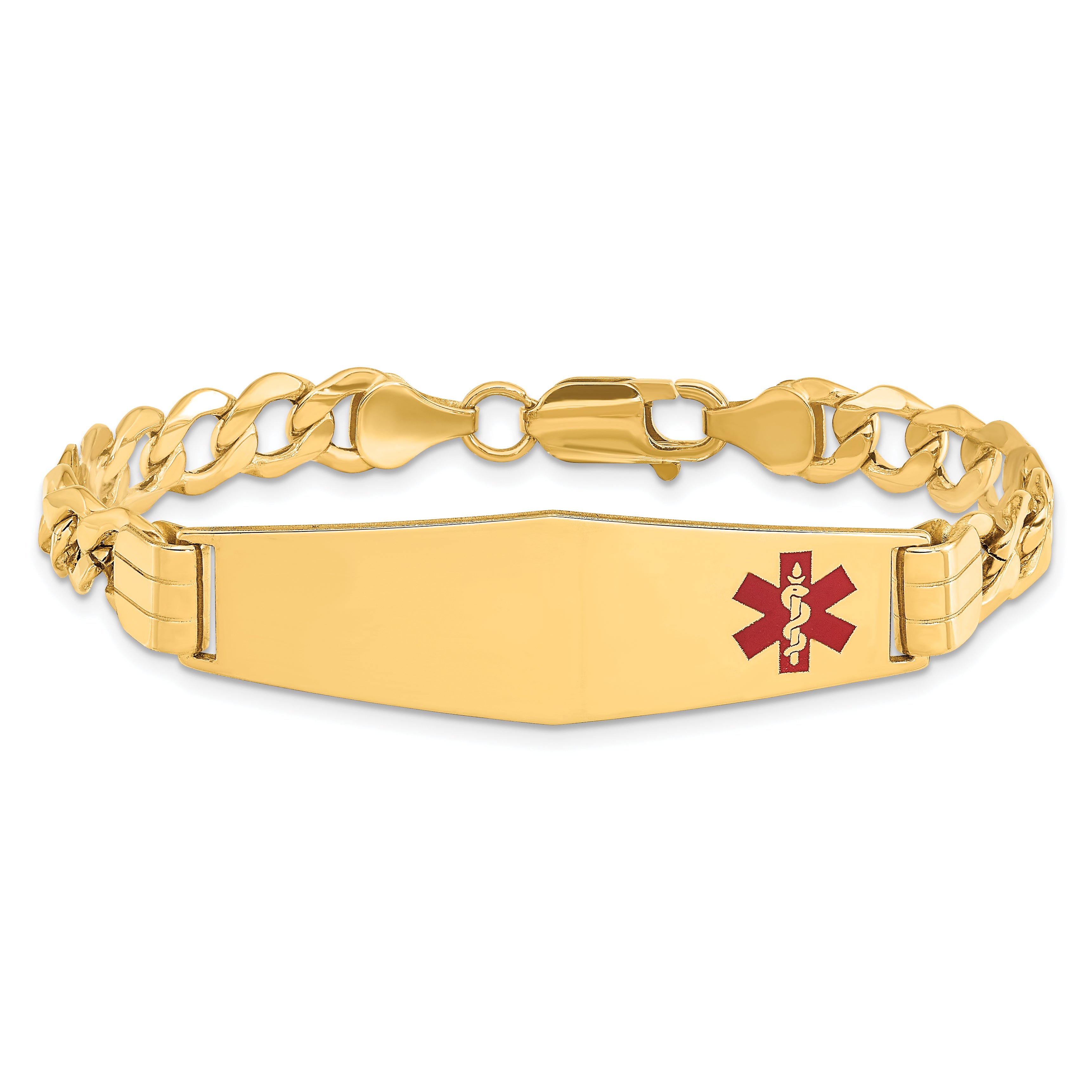 14K Medical Semi-Solid Chain/Solid Plate Soft Diamond Shape 40x12mm Off-Center Red Enamel Curb Link 8 inch ID Bracelet