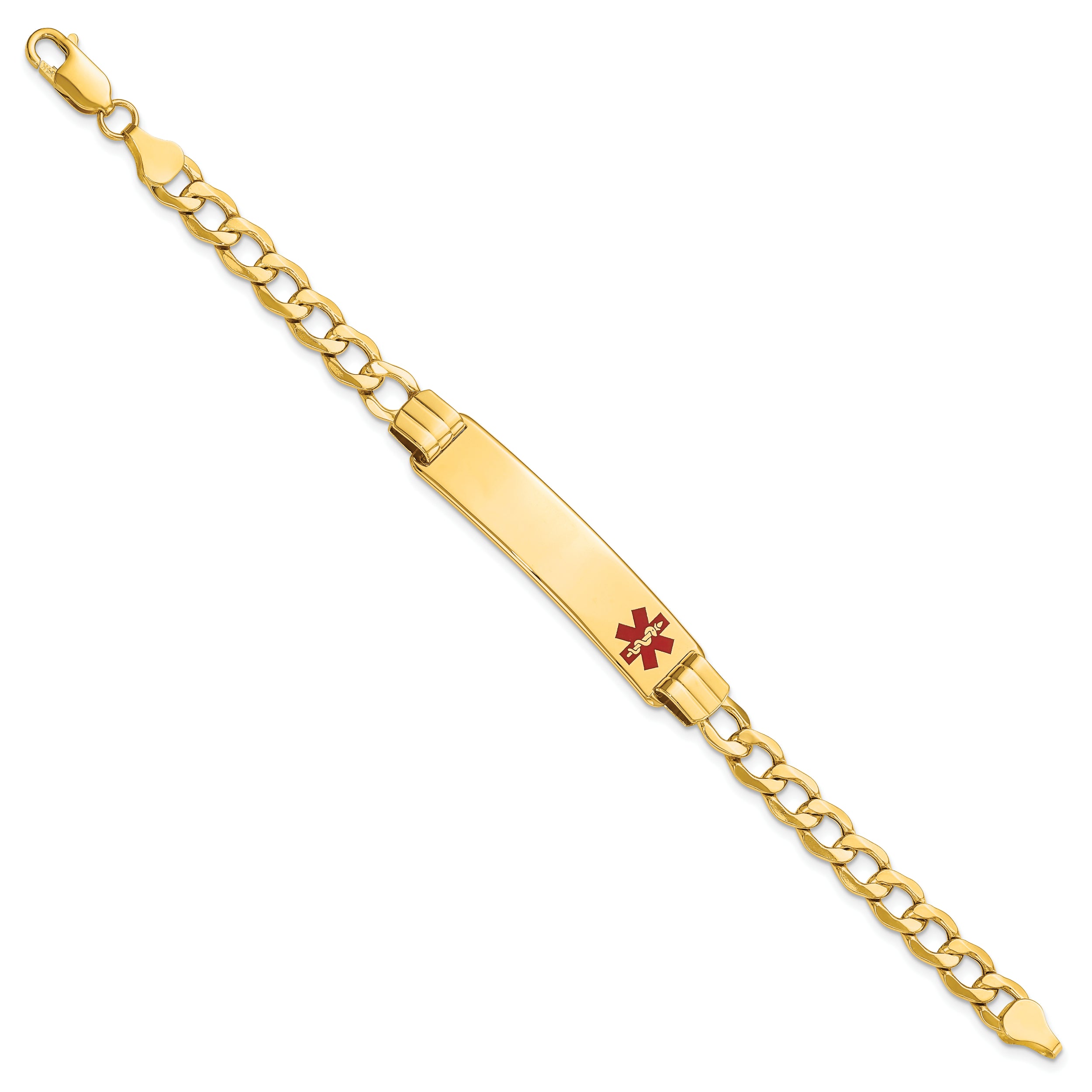 14K Medical Semi-solid Chain/Solid Plate 40x10mm Off-Center Red Enamel Curb Link 8 inch ID Bracelet