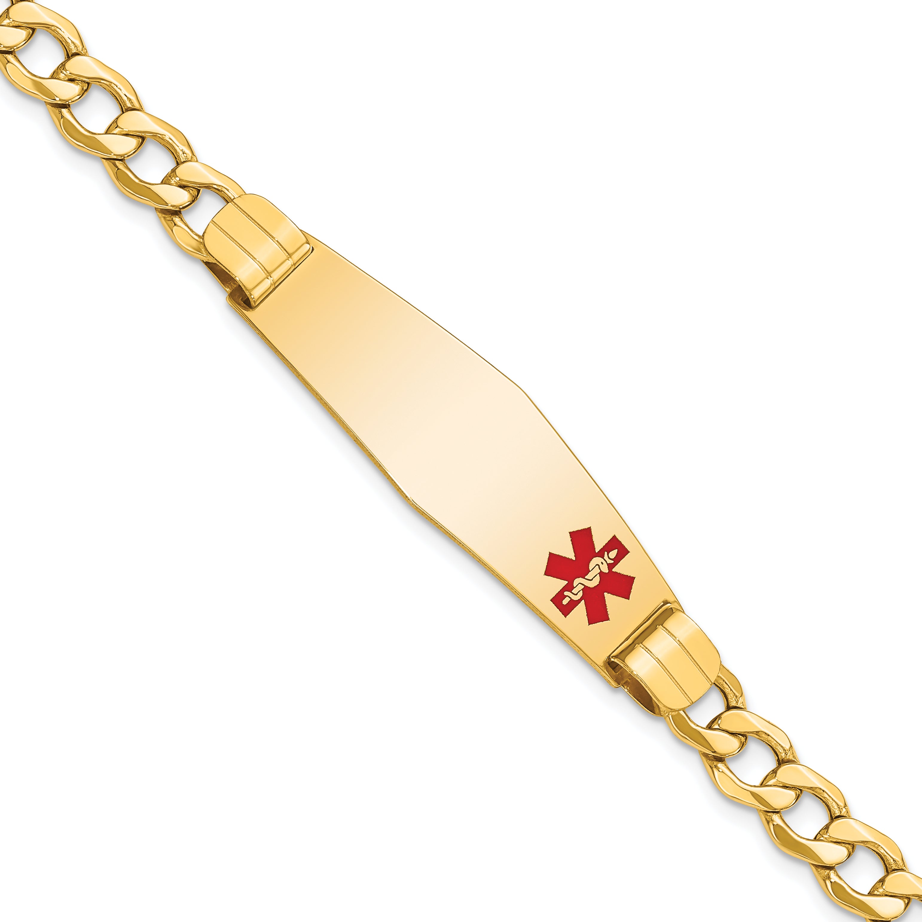 14K Semi-Solid Medical Soft Diamond Shape Red Enamel Curb Link Id Bracelet