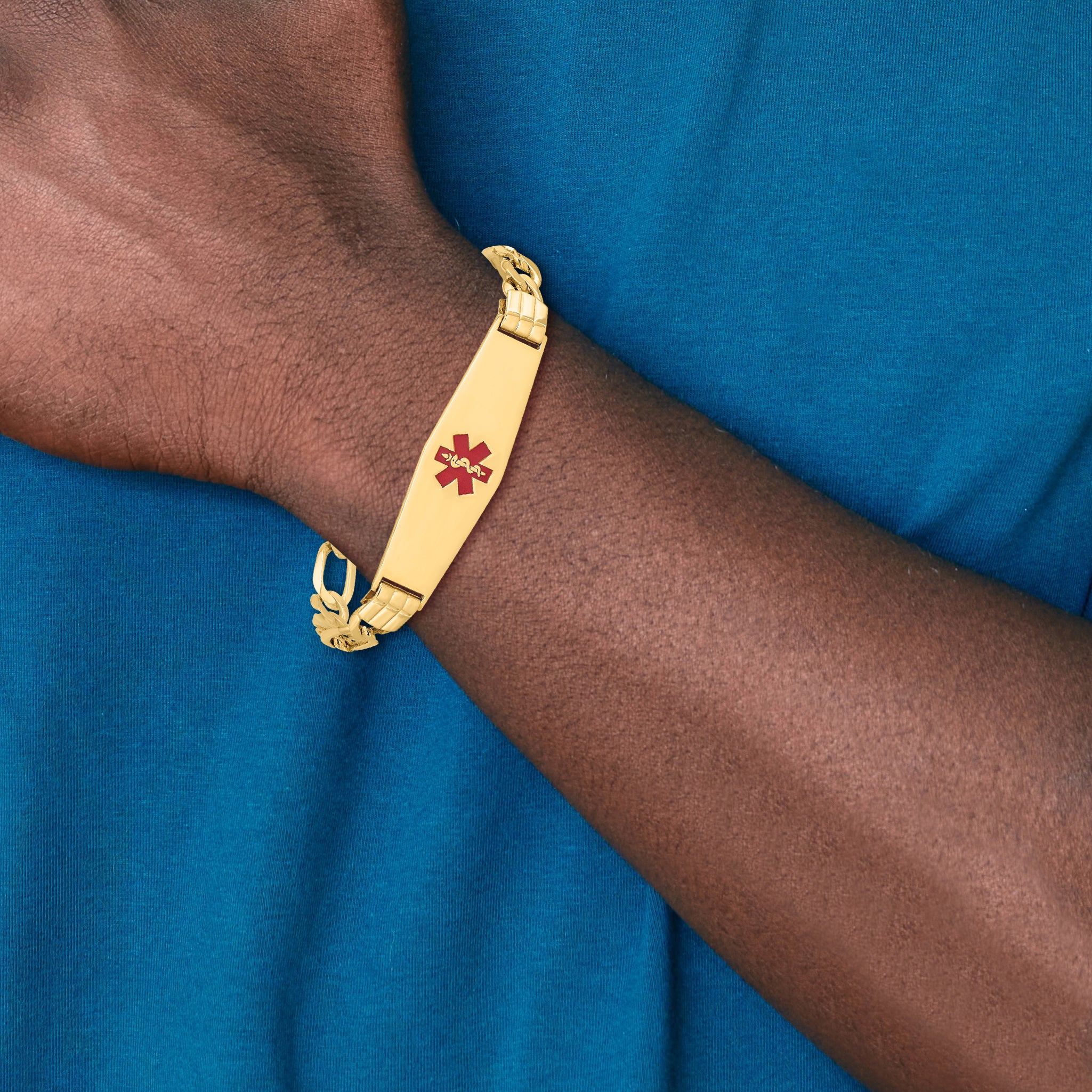 14K Medical Solid Chain/Solid Plate Soft Diamond Shape 40x12mm Centered Red Enamel Flat Figaro Link 7 inch ID Bracelet