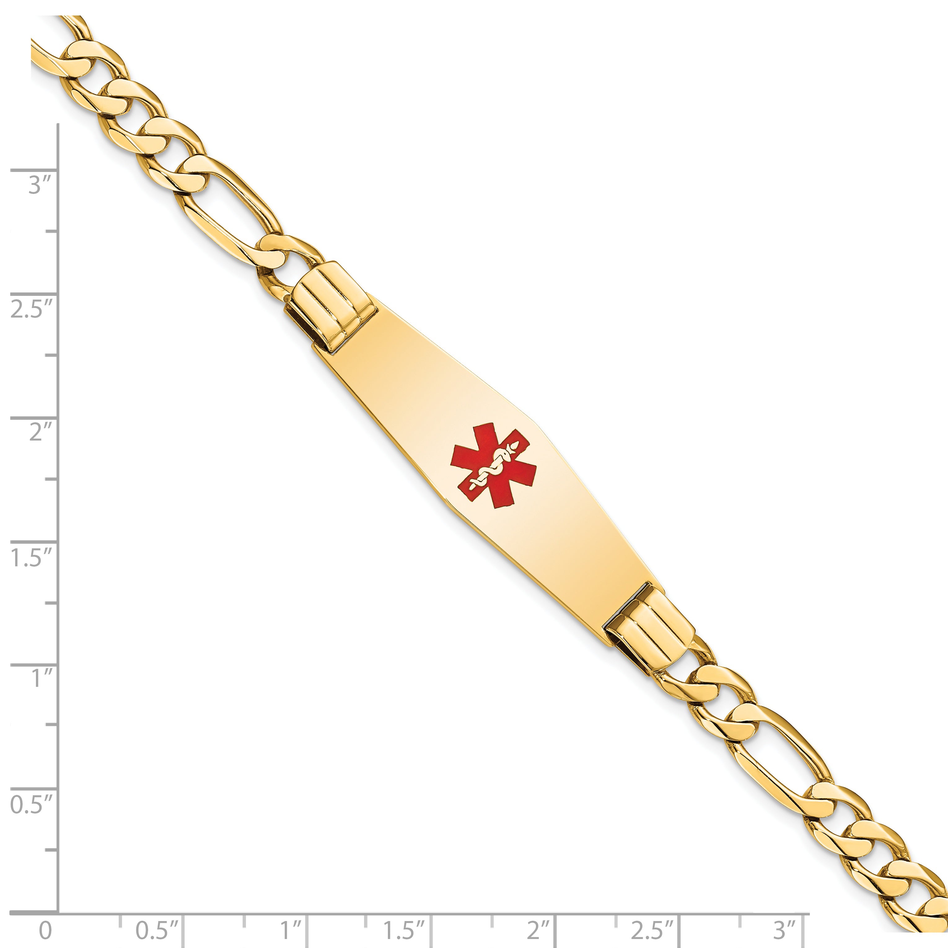 14K Medical Solid Chain/Solid Plate Soft Diamond Shape 40x12mm Centered Red Enamel Flat Figaro Link 7 inch ID Bracelet