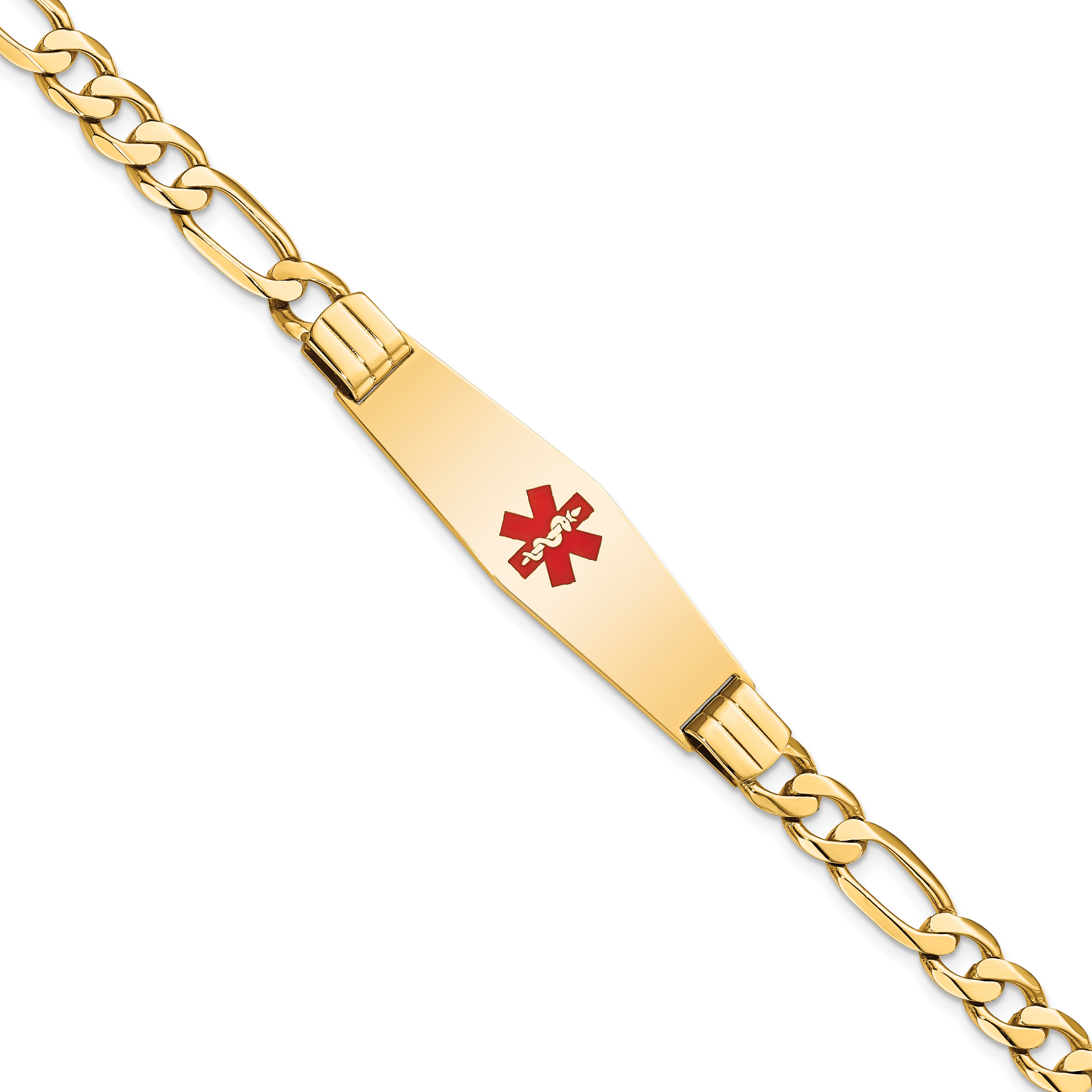 14K Medical Solid Chain/Solid Plate Soft Diamond Shape 40x12mm Centered Red Enamel Flat Figaro Link 7 inch ID Bracelet