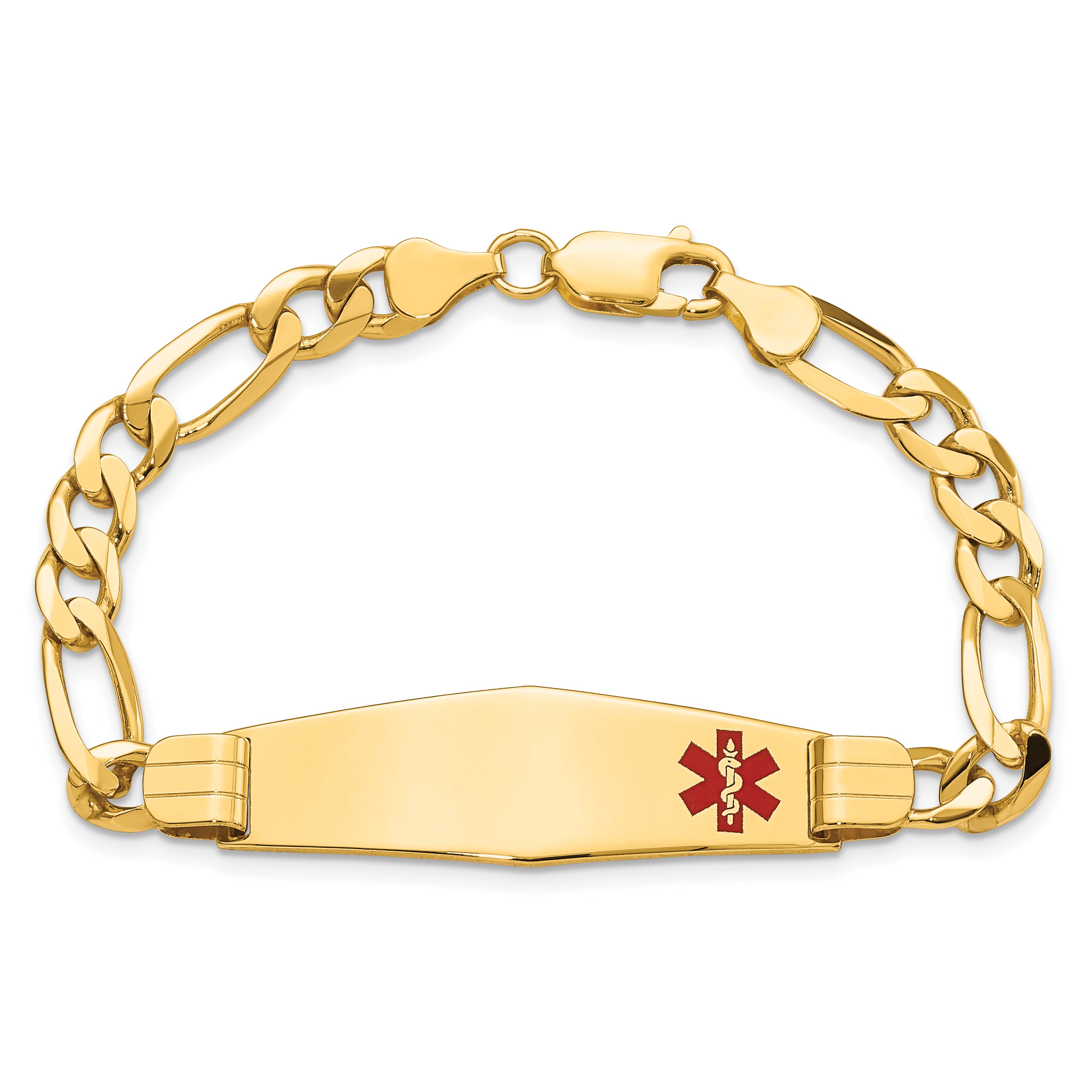 14K Medical Solid Chain/Solid Plate Soft Diamond Shape 39x12mm Off-Center Red Enamel Flat Figaro Link 7 inch ID Bracelet