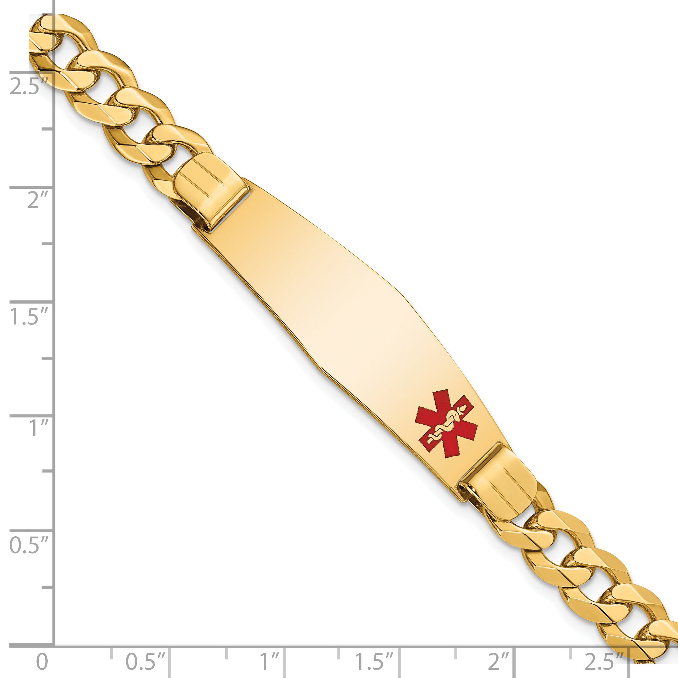 14K Medical Soft Diamond Shape Red Enamel Flat Curb Link Id Bracelet