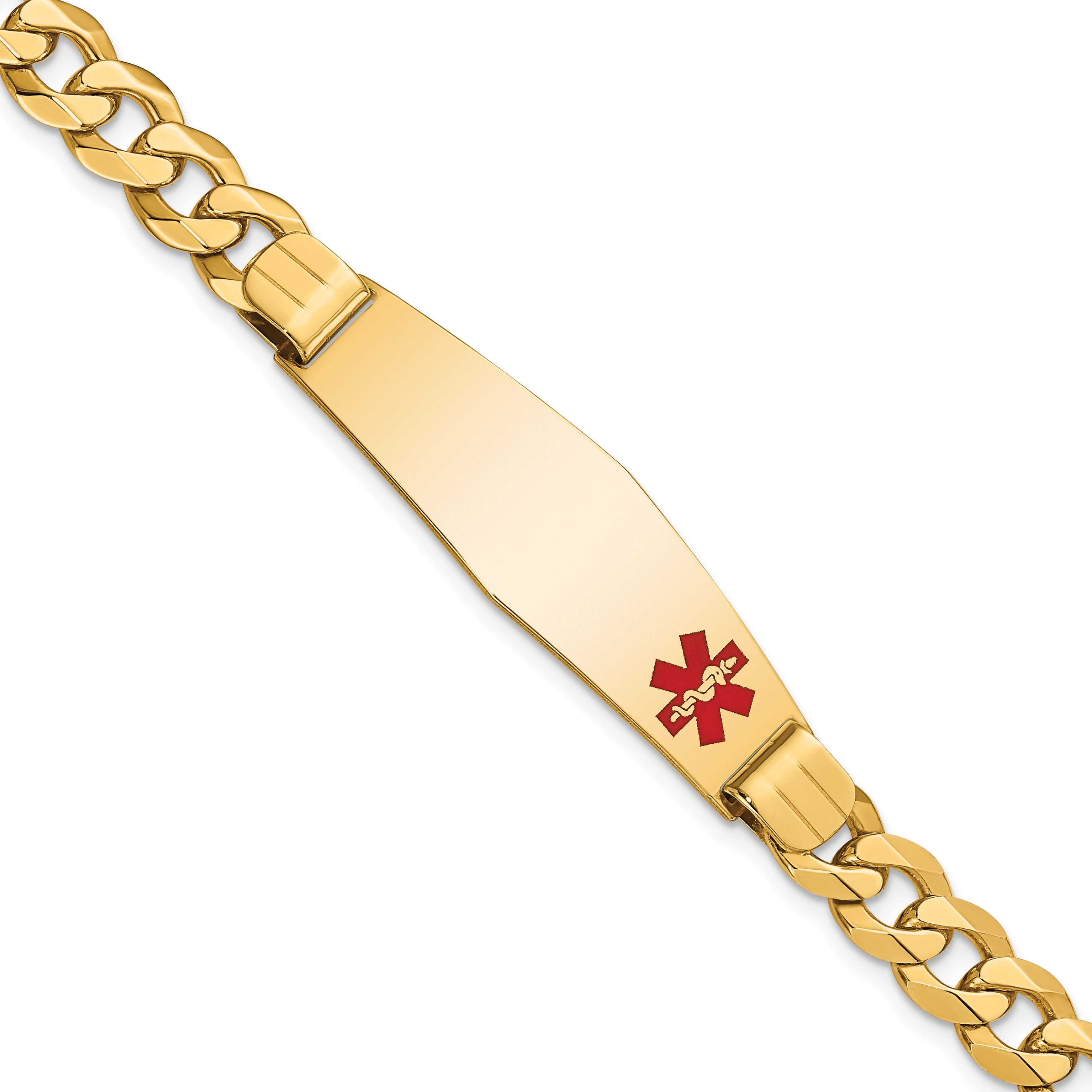 14K Medical Soft Diamond Shape Red Enamel Flat Curb Link Id Bracelet